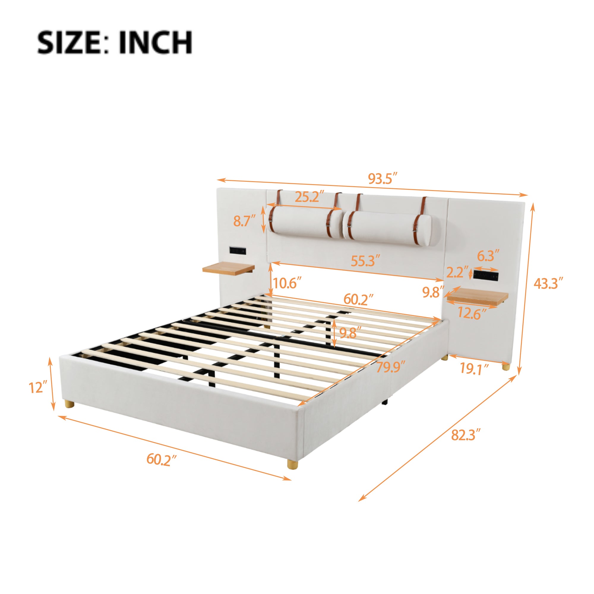 Queen Size Upholstered Platform Bed, Two Outlets and USB Charging Ports on Both Sides, Two Bedside Pillows, Storage Shelves,Velvet, Beige