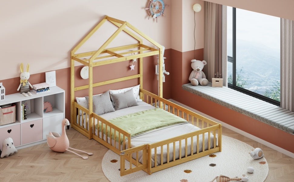 Wooden Floor Bed with Fence Railings and Detachable House Shape Headboard,Full Size Bed with Kids Dress Up Rack, Kids Montessori Style Playhouse Frame for Girls Boys, Natural