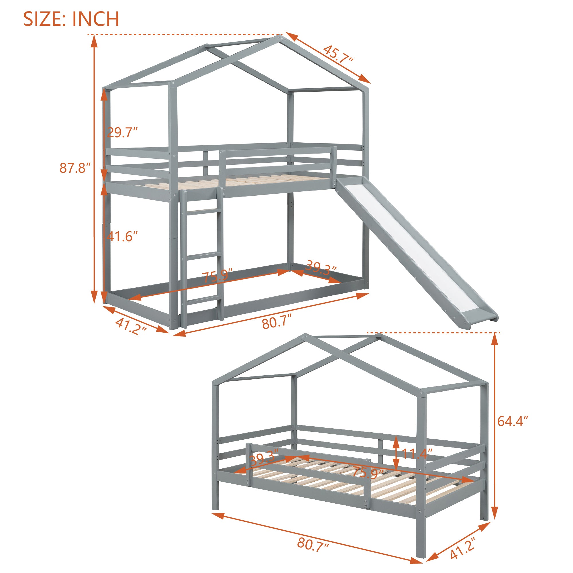 Twin Over Twin Bunk Bed with Roof, Slide and Ladder, Gray