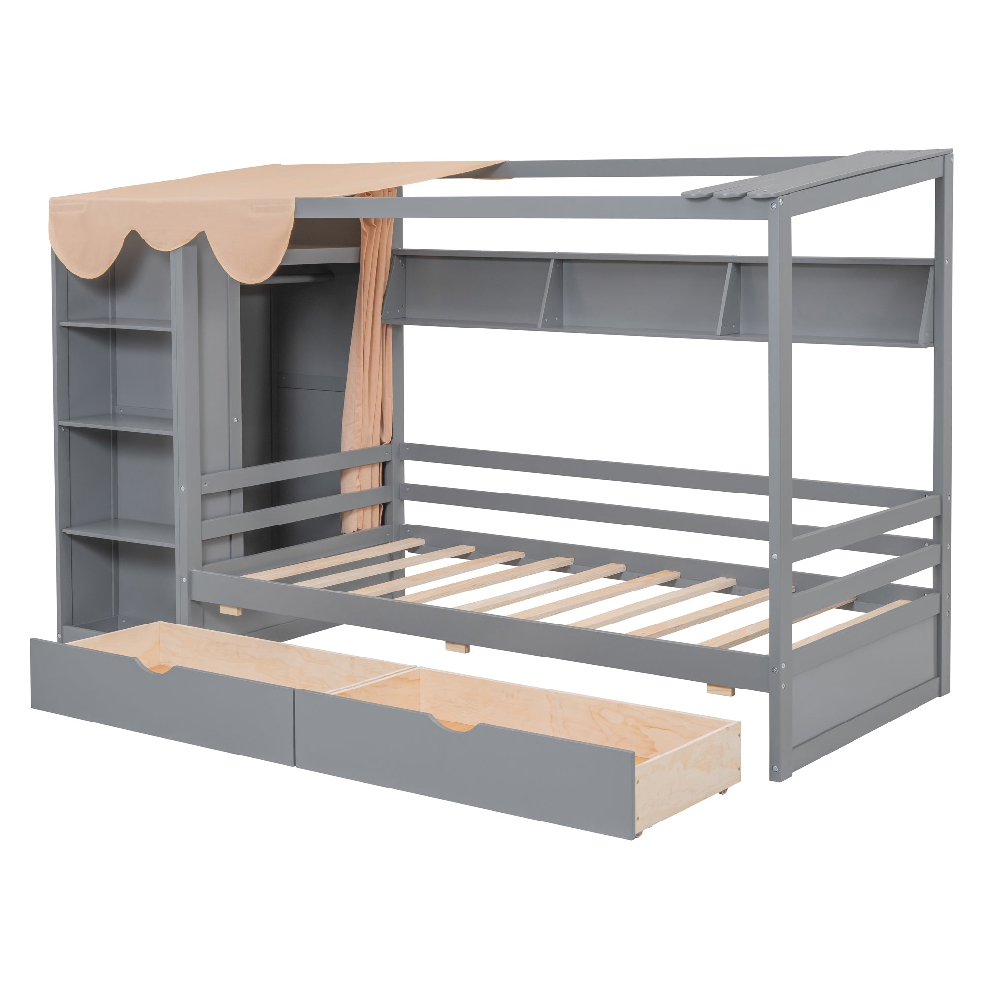 Twin size House Bed with Two Drawers and Wardrobe,Gray