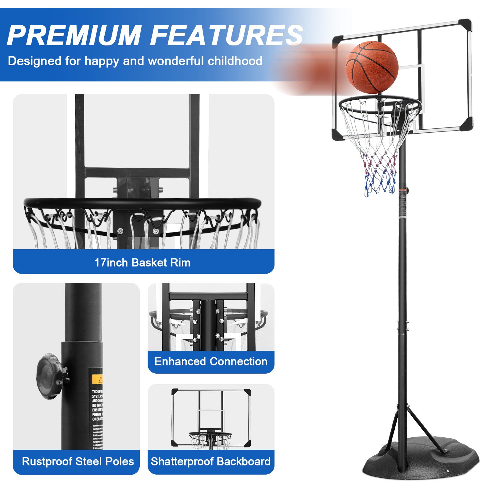 Portable Basketball Hoop Adjustable 7.5ft - 9.2ft with 32 Inch Backboard for Youth Adults Indoor Outdoor Basketball Goal White