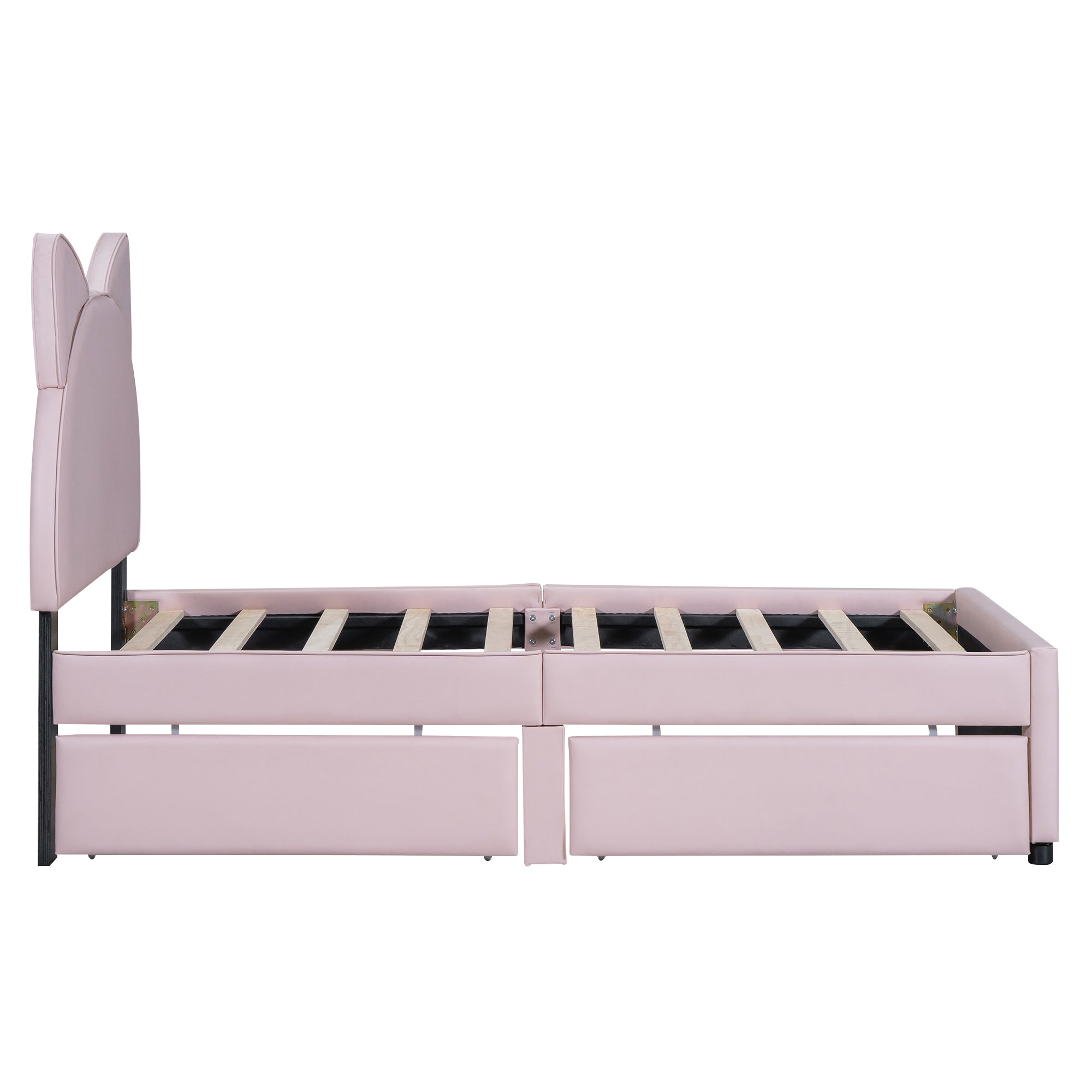 Twin Size Upholstered Platform Bed with Cartoon Ears Shaped Headboard and 2 Drawers, Pink