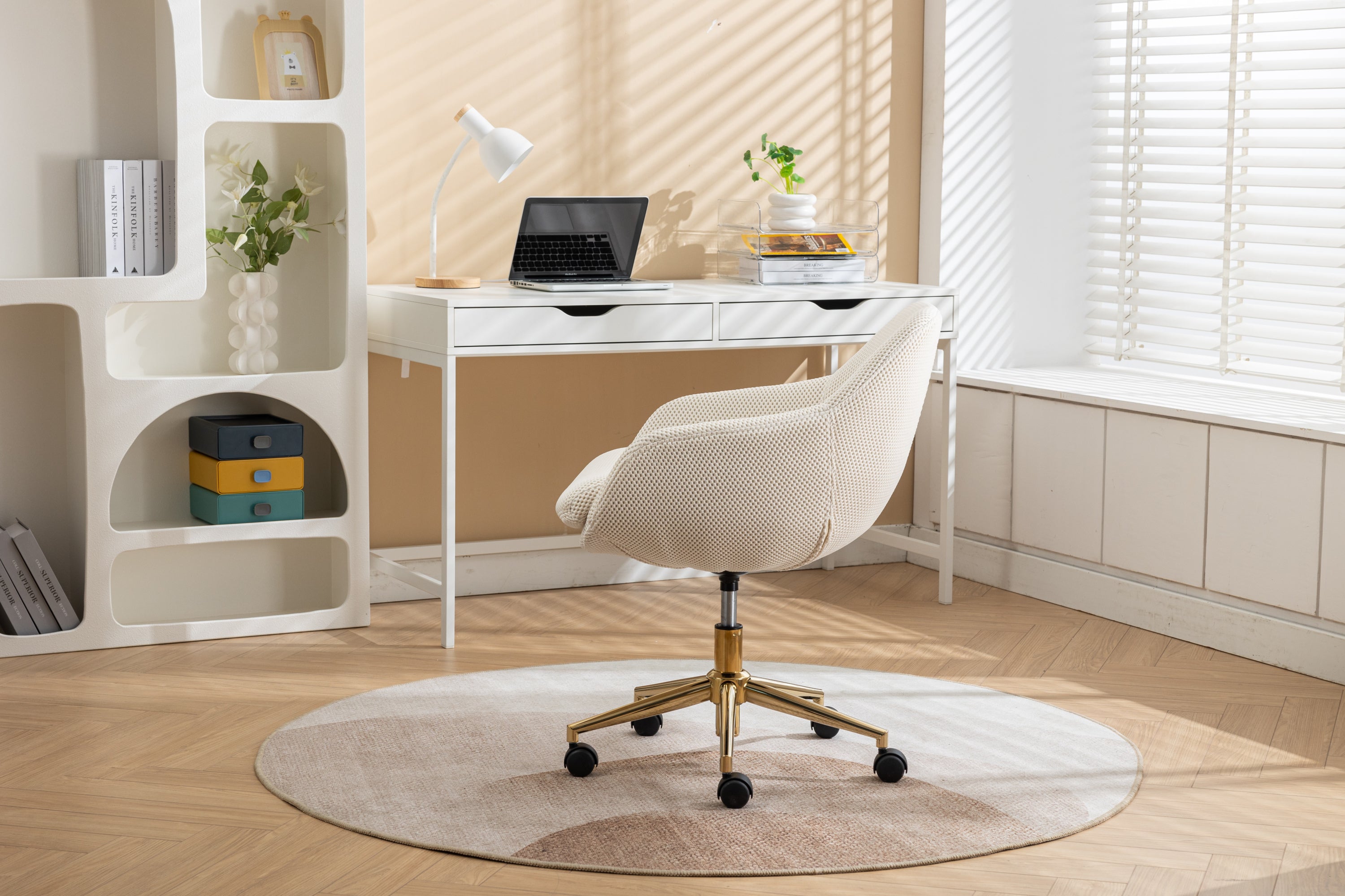 046-Mesh Fabric Home Office 360°Swivel Chair Adjustable Height With Gold Metal Base,Beige