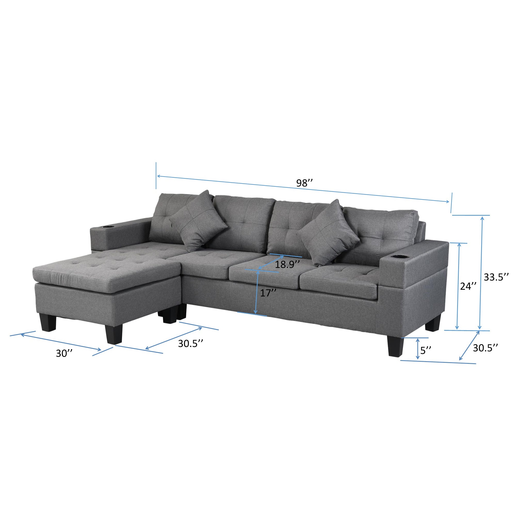 Sectional Sofa Set for Living Room with L Shape Chaise Lounge,cup holder and Left or Right Hand Chaise Modern 4 Seat (FAUX LINEN GREY)