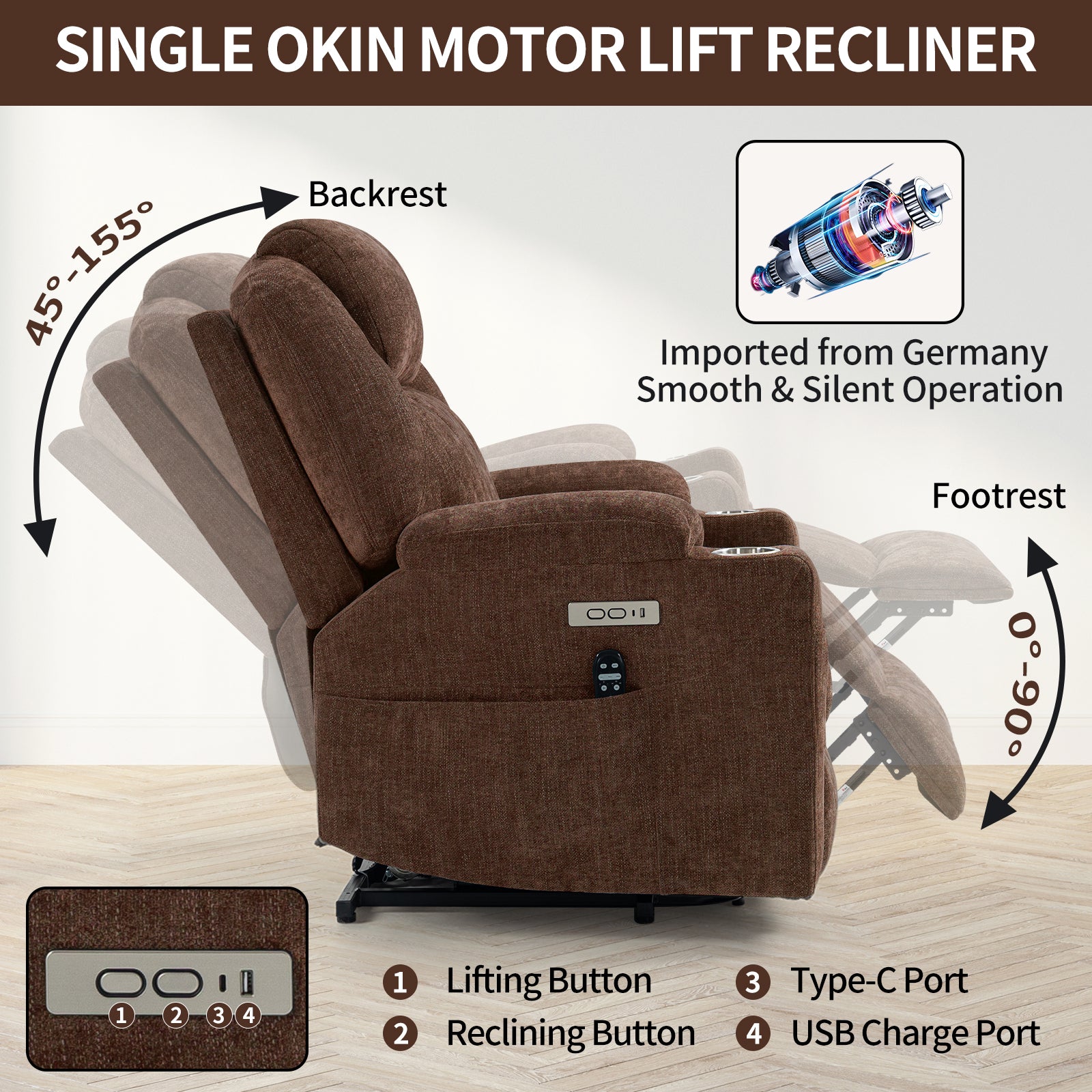 Up to 350 LBS Chenille Power Lift Recliner Chair, Heavy Duty Motion Mechanism with 8-Point Vibration Massage and Lumbar Heating, USB and Type-C Ports, Stainless Steel Cup Holders, Brown