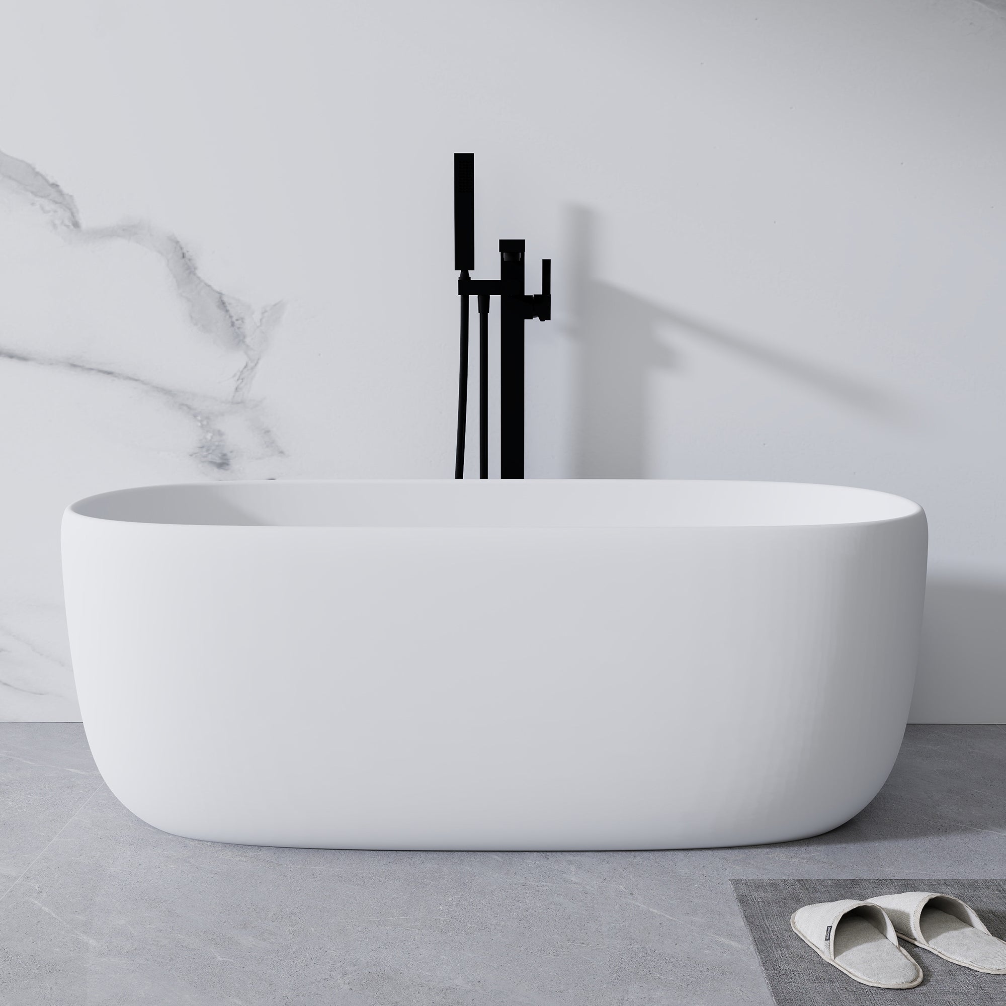 51'' Freestanding Bathtub Resin Stone Soaking Bathtub Solid Surface Modern Tubs with Overflow and Pop-up Drain in White