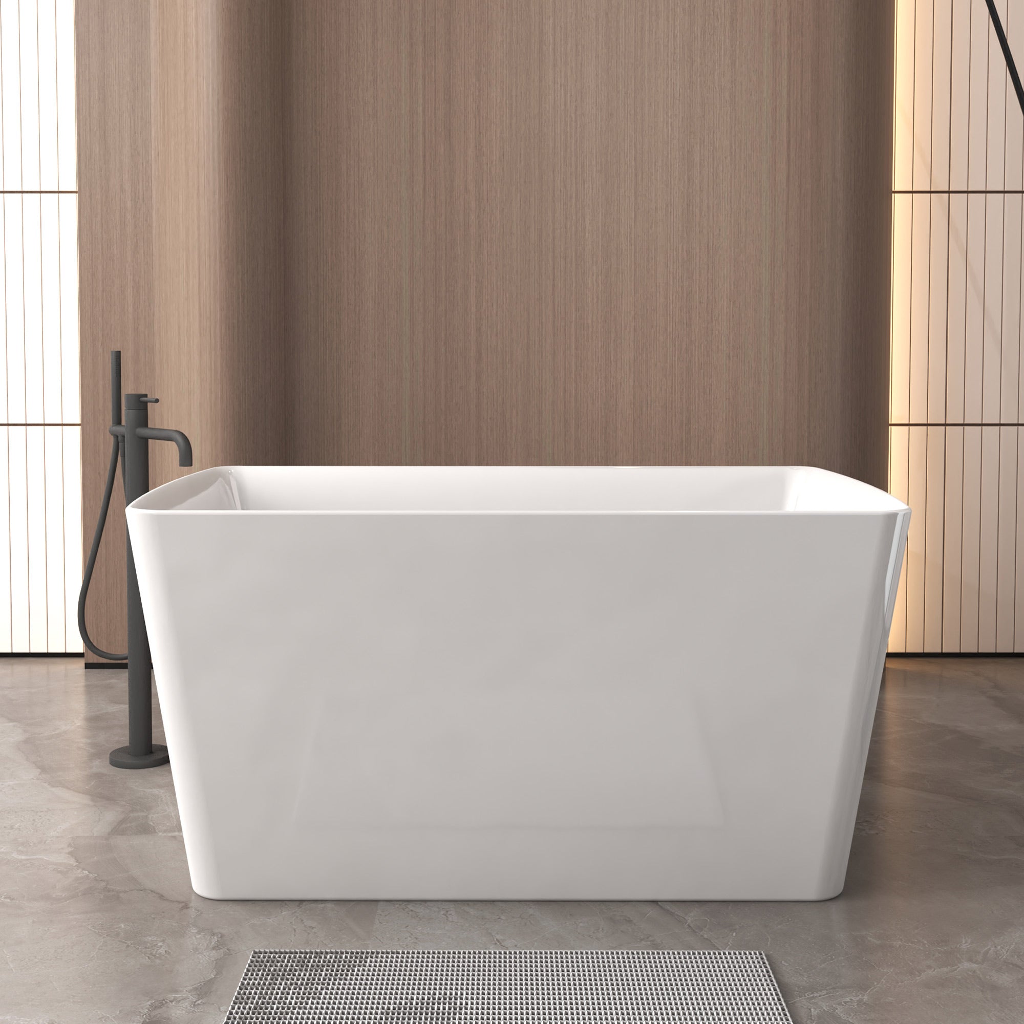Gloss white rectangle freestanding bathtub, angled side view
