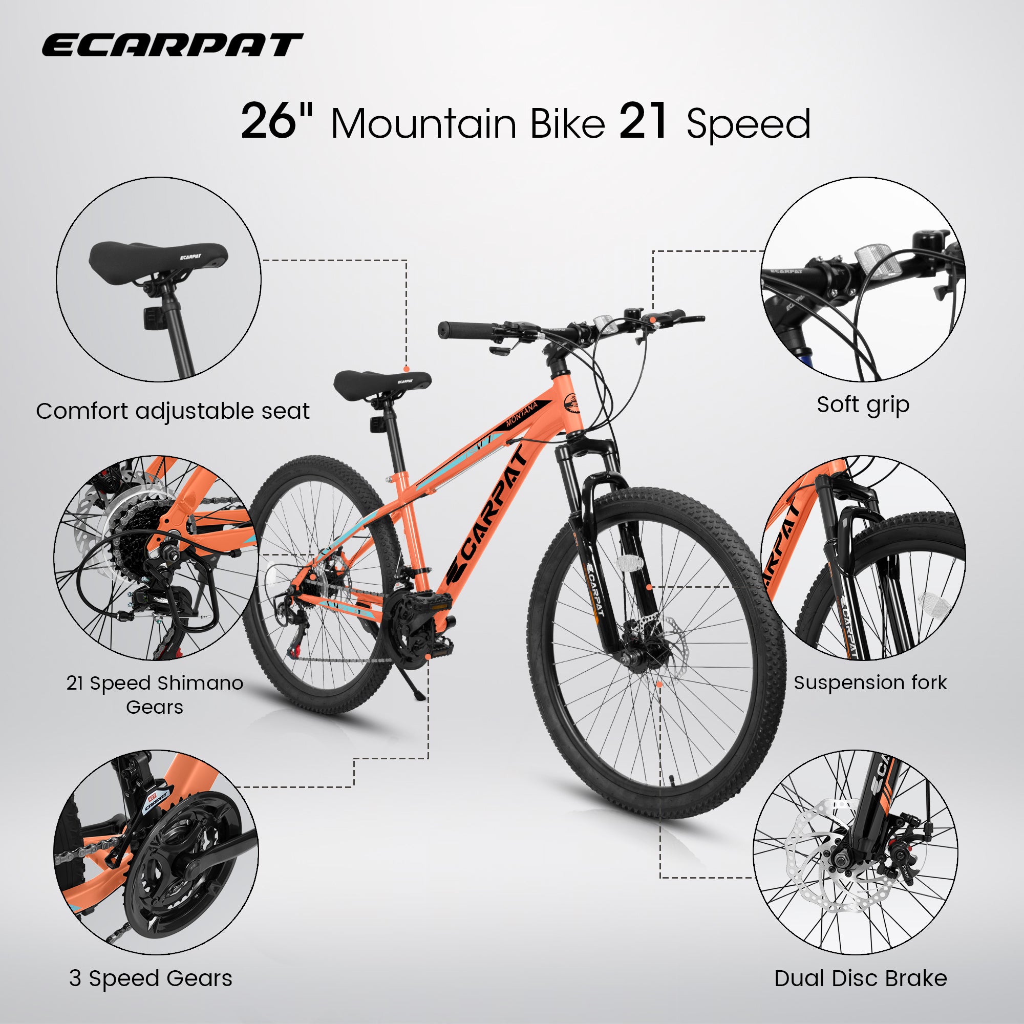 A2610 26 inch Mountain Bike 21 Speeds, Suspension Fork, Steel Frame Disc-Brake for Men Women Mens Bicycle