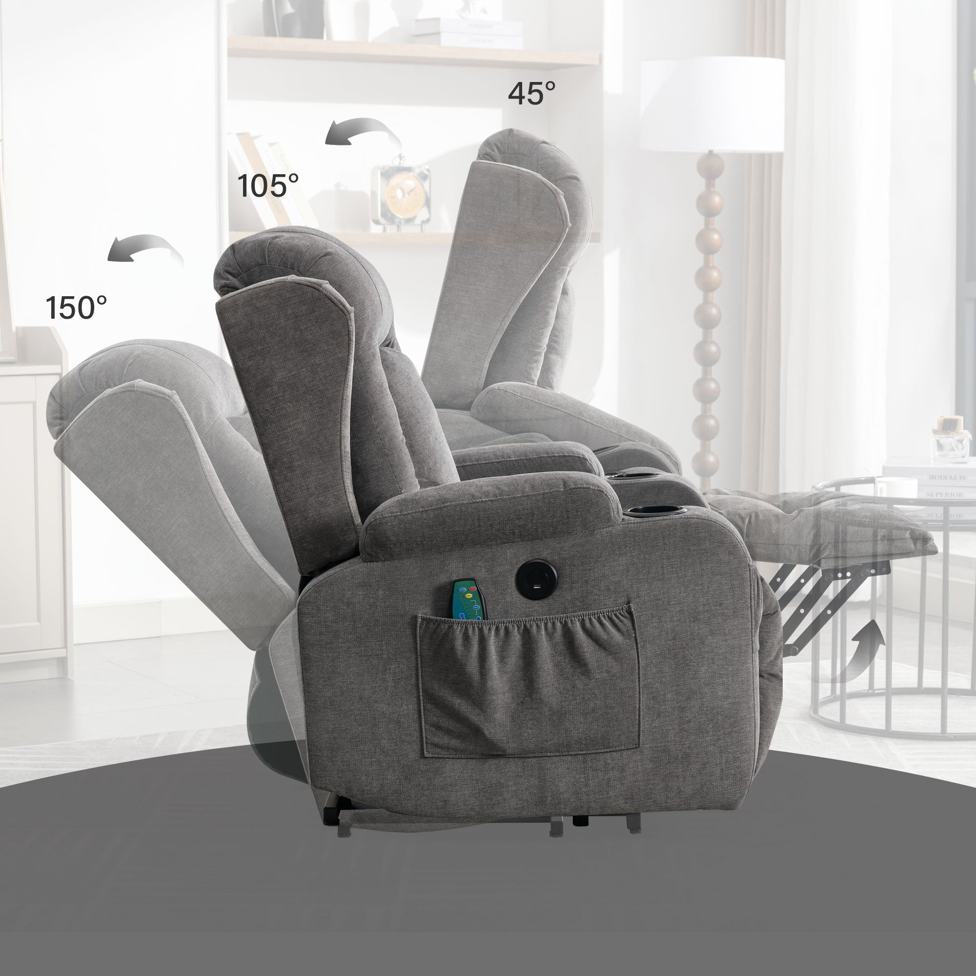 Power Lift Recliner Chair Recliners for Elderly with Heat and Massage Recliner Chair for Living Room with Infinite Position and Side Pocket,USB Charge Port(GREY)