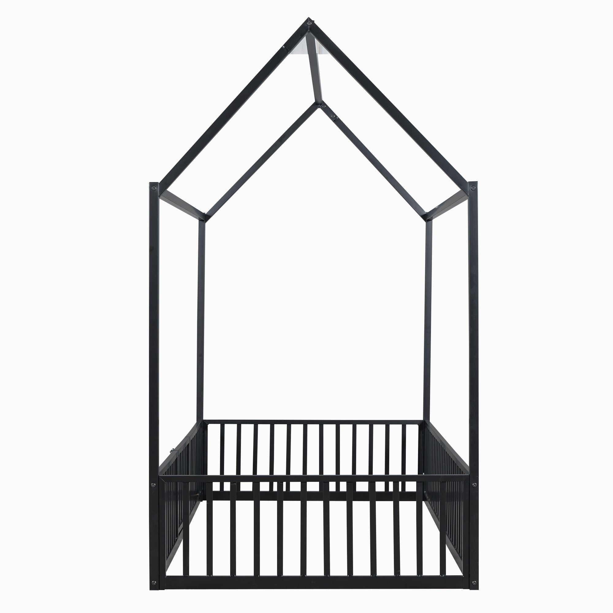 Twin Size Metal House Bed with Fence and Door, Black