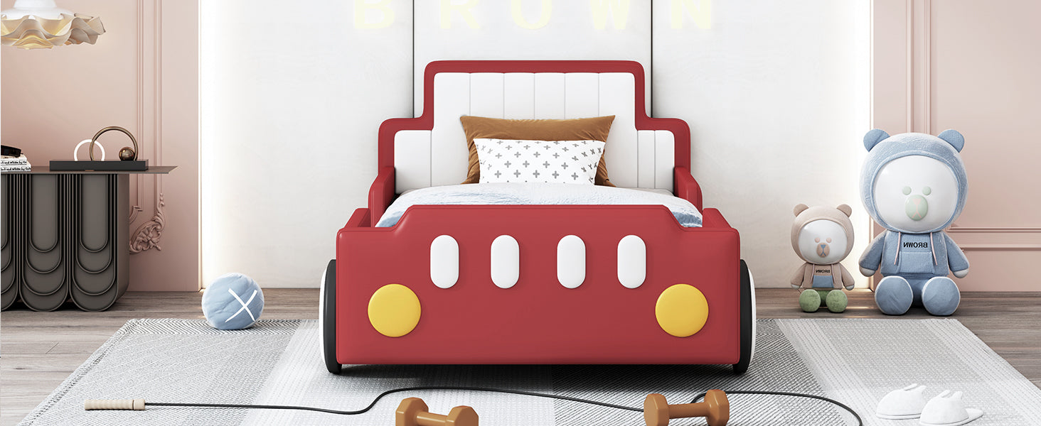 Twin Size Race Car-Shaped Platform Bed with Wheels,Red