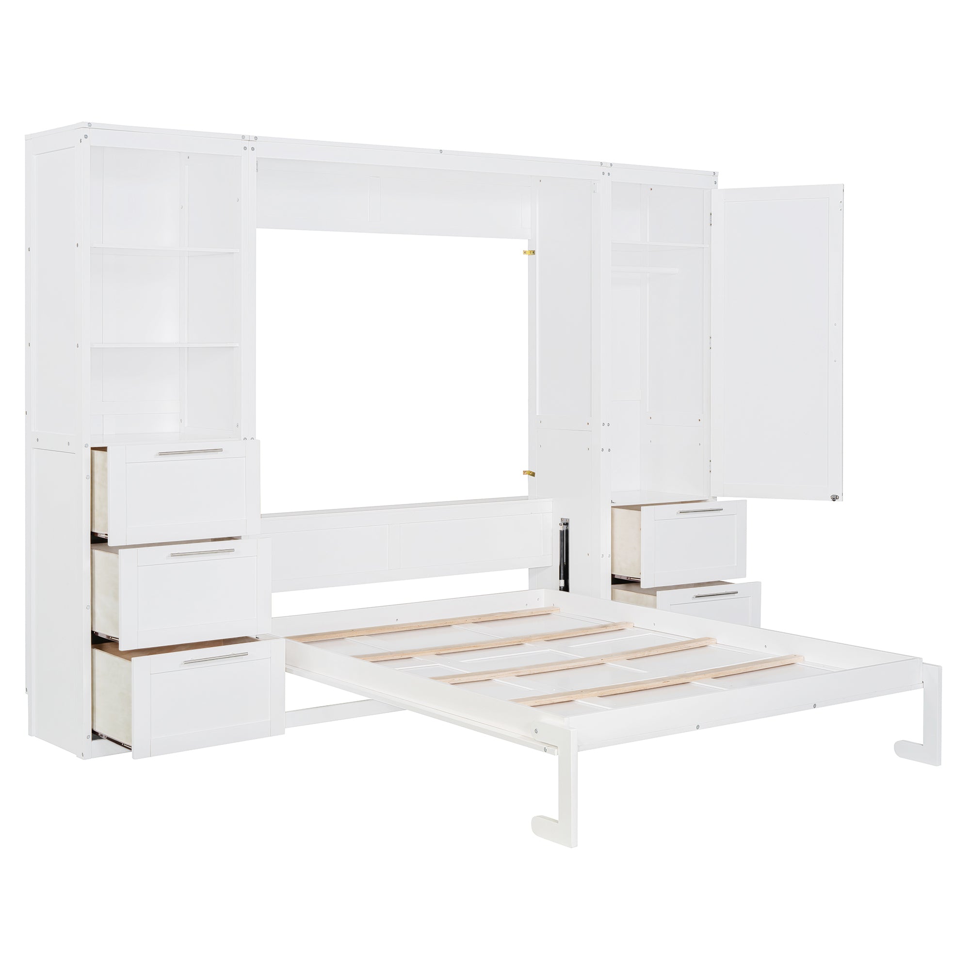 Queen Size Murphy Bed Wall Bed with Closet ,Drawers and Shelves,White