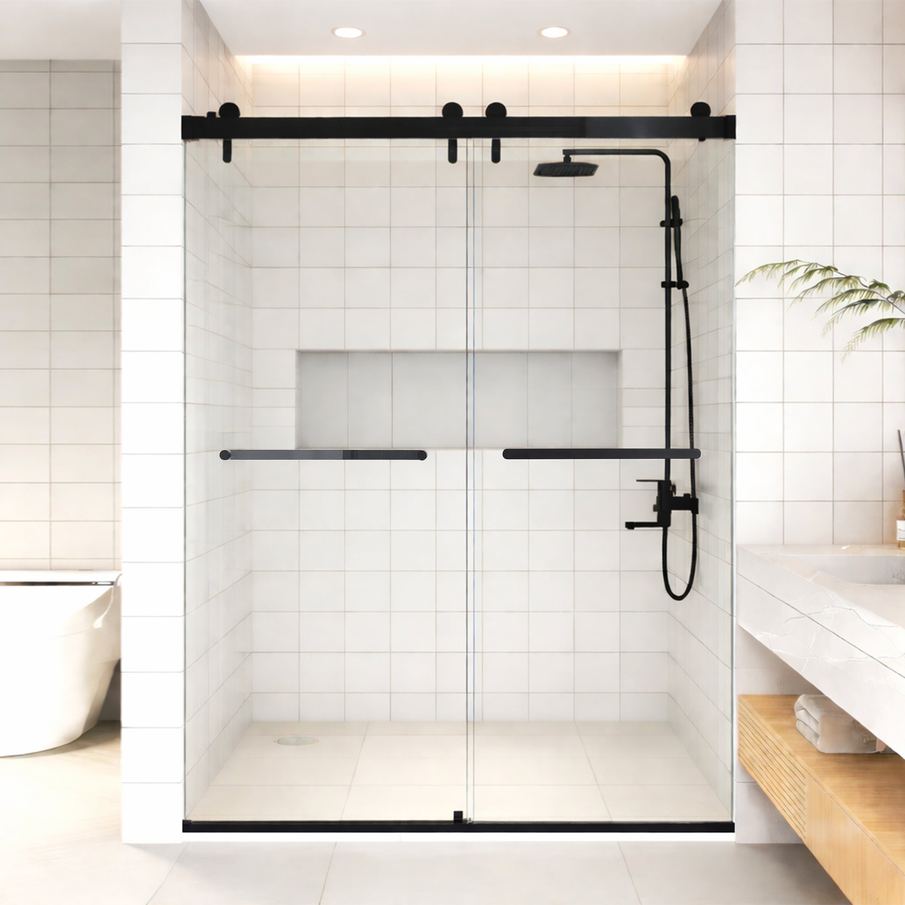 48 x 75 in Double Sliding Shower Door - 48 x 75 in / Matte Black / 5/16 in Glass view 6