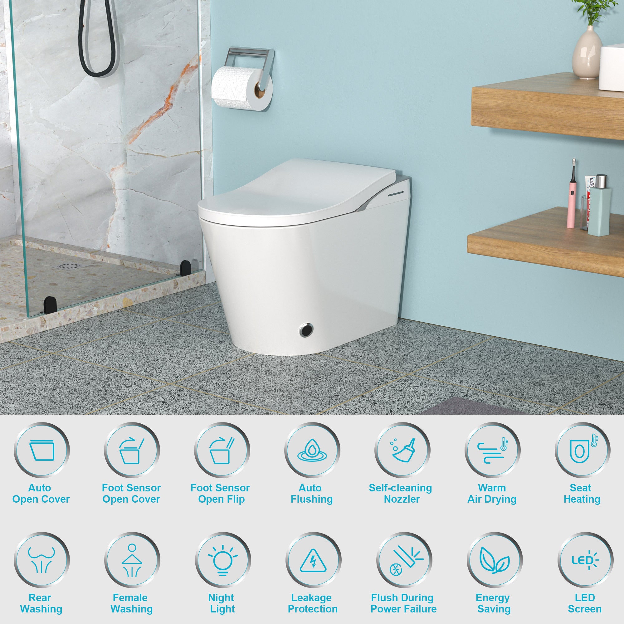 Smart Toilet with Bidet Built in, Auto Open & Close, Elongated Heated seat, Foot Sensor Flush, LED Display, Warm Water Wash, Dryer, Night Light