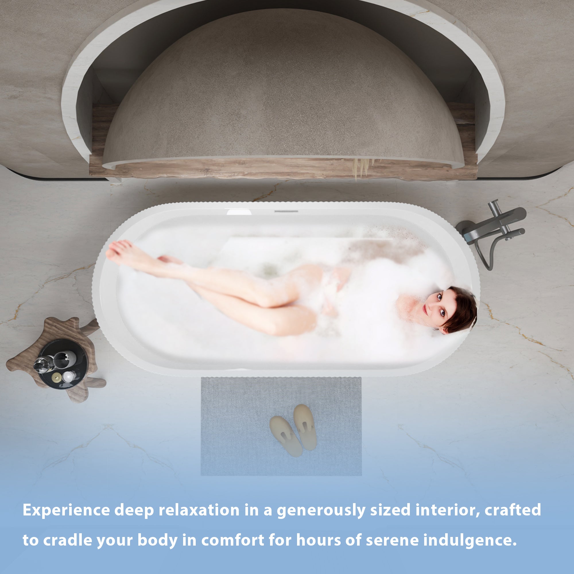 Glossy black freestanding soaker tub with pop-up chrome drain, top view
