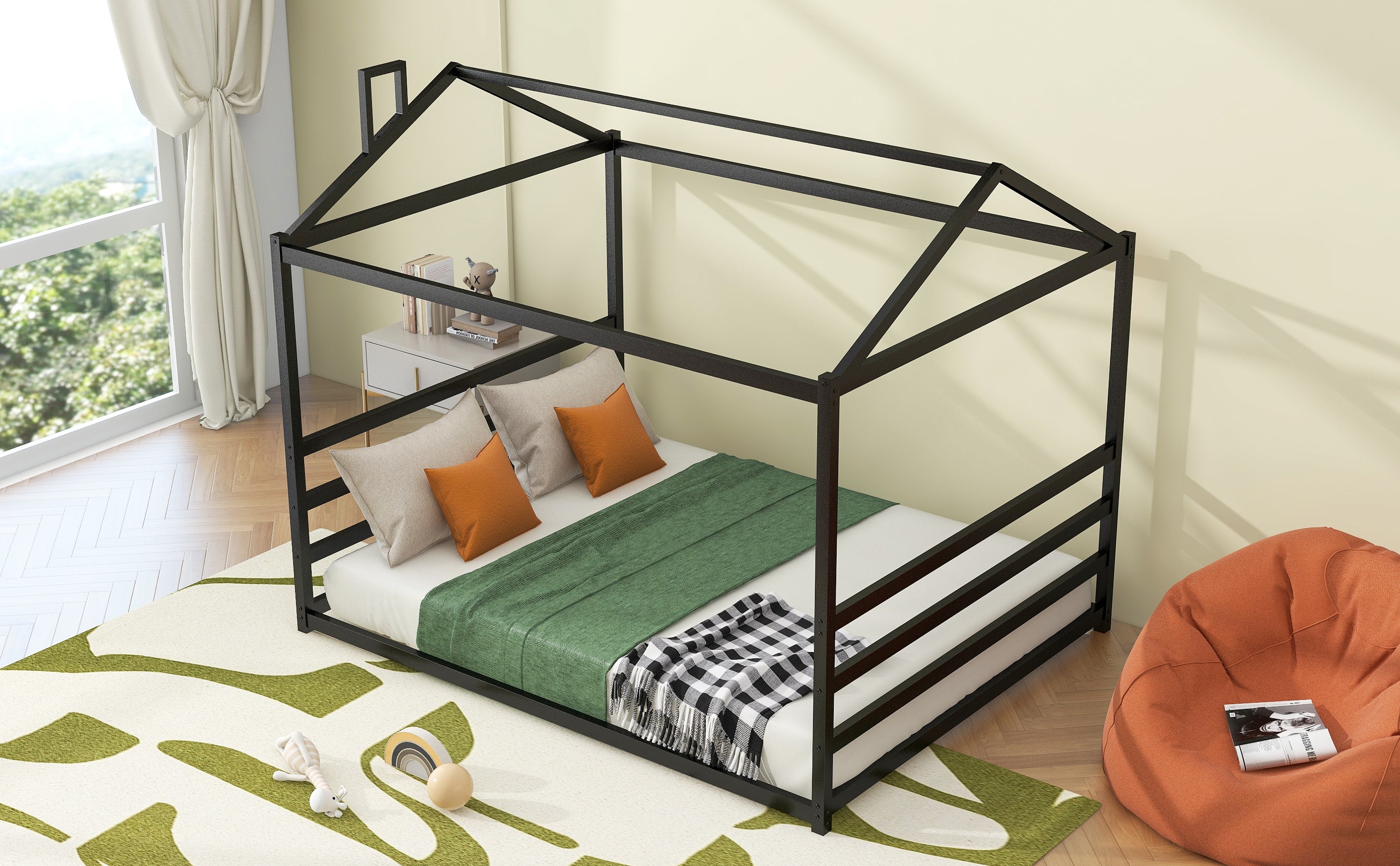 Metal House Shape Platform Bed, Black, Queen