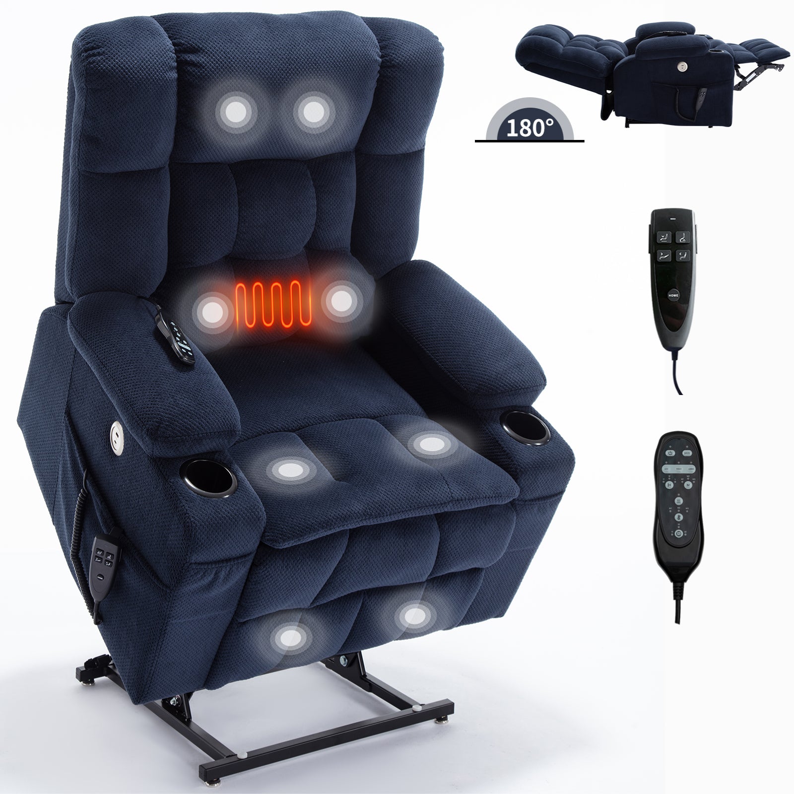 Blue Dual Motor Infinite Position Up to 350 LBS Chenille Power Lift Recliner Chair, Heavy Duty Motion Mechanism with 8-Point Vibration Massage and Lumbar Heating, Dual Cup Holders