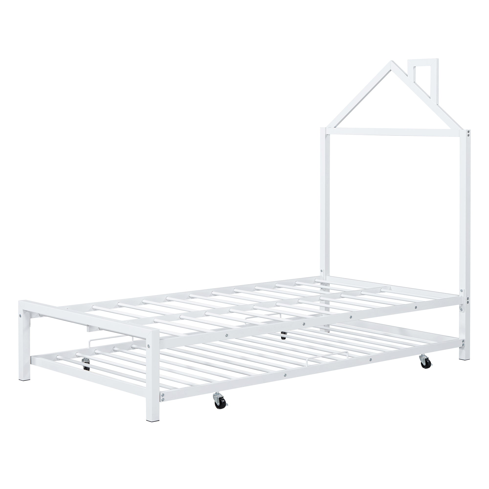 Twin Size Metal Platform Bed with twin size trundle,House-Shaped Headboard Design, White