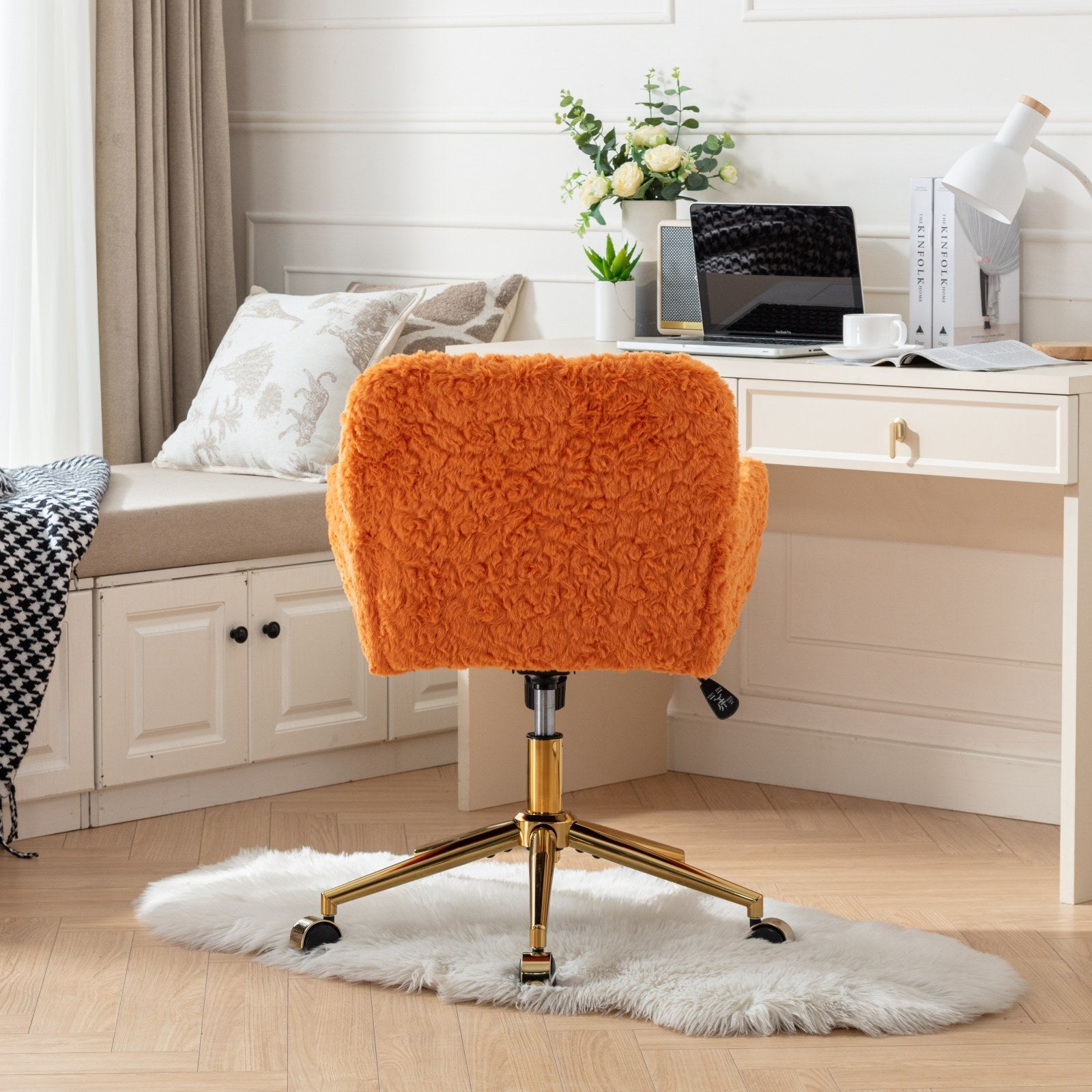 A&A Furniture Office Chair,Artificial rabbit hair Home Office Chair with Golden Metal Base,Adjustable Desk Chair Swivel Office Chair,Vanity Chair(Orange)