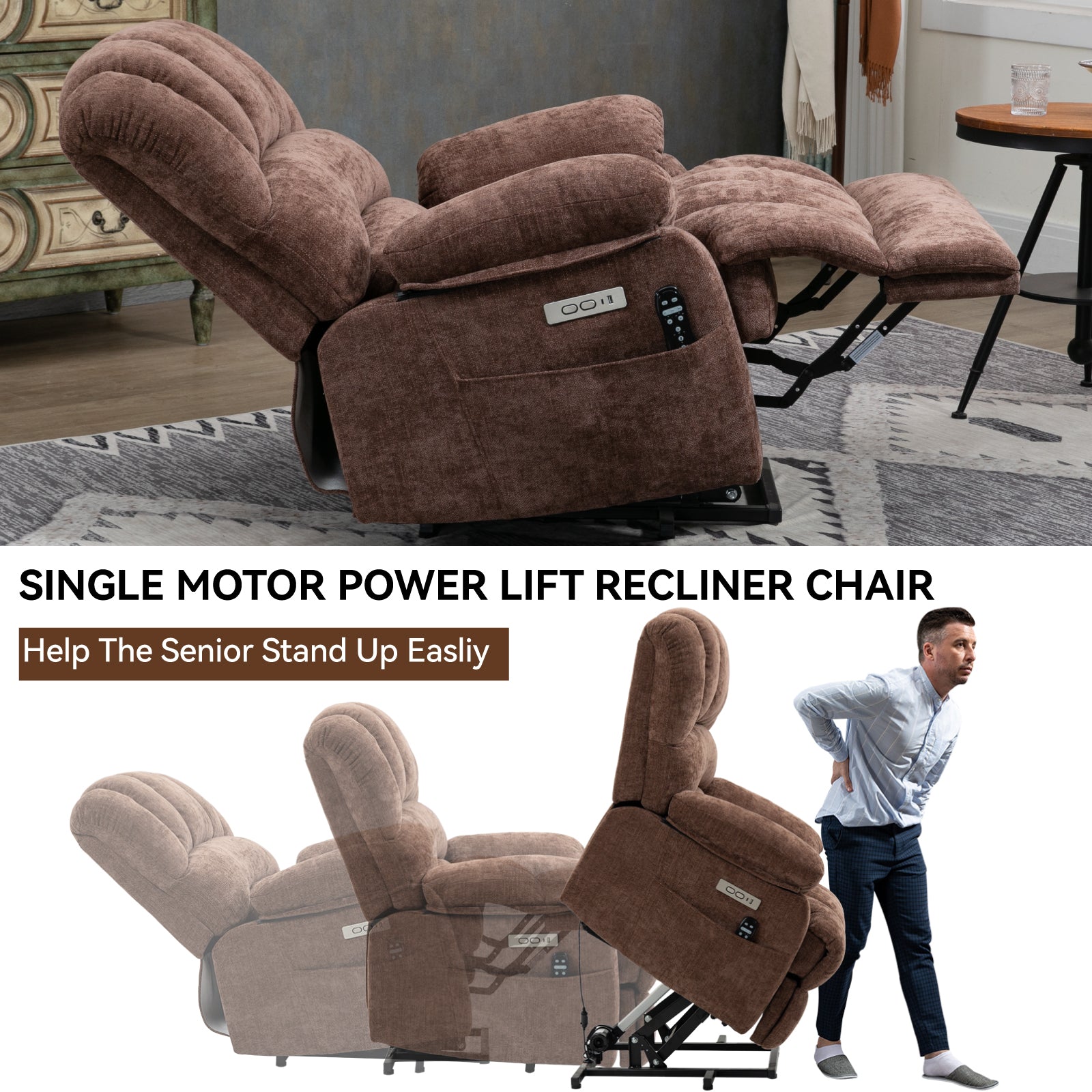 23" Seat Width and High Back Large Size Chenille Power Lift Recliner Chair with 8-Point Vibration Massage and Lumbar Heating, Brown