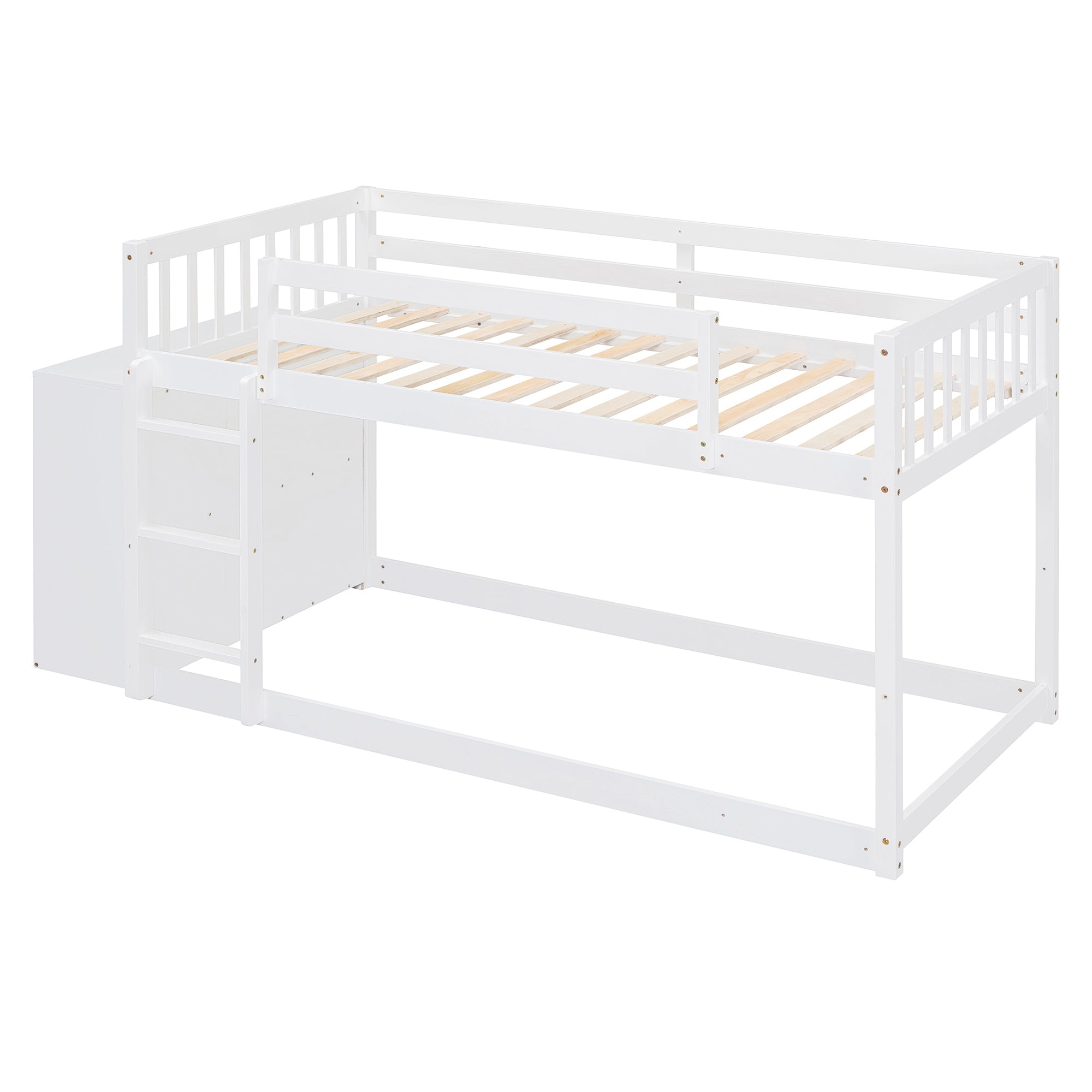 Twin over Twin Bunk Bed with 4 Drawers and 3 Shelves-White