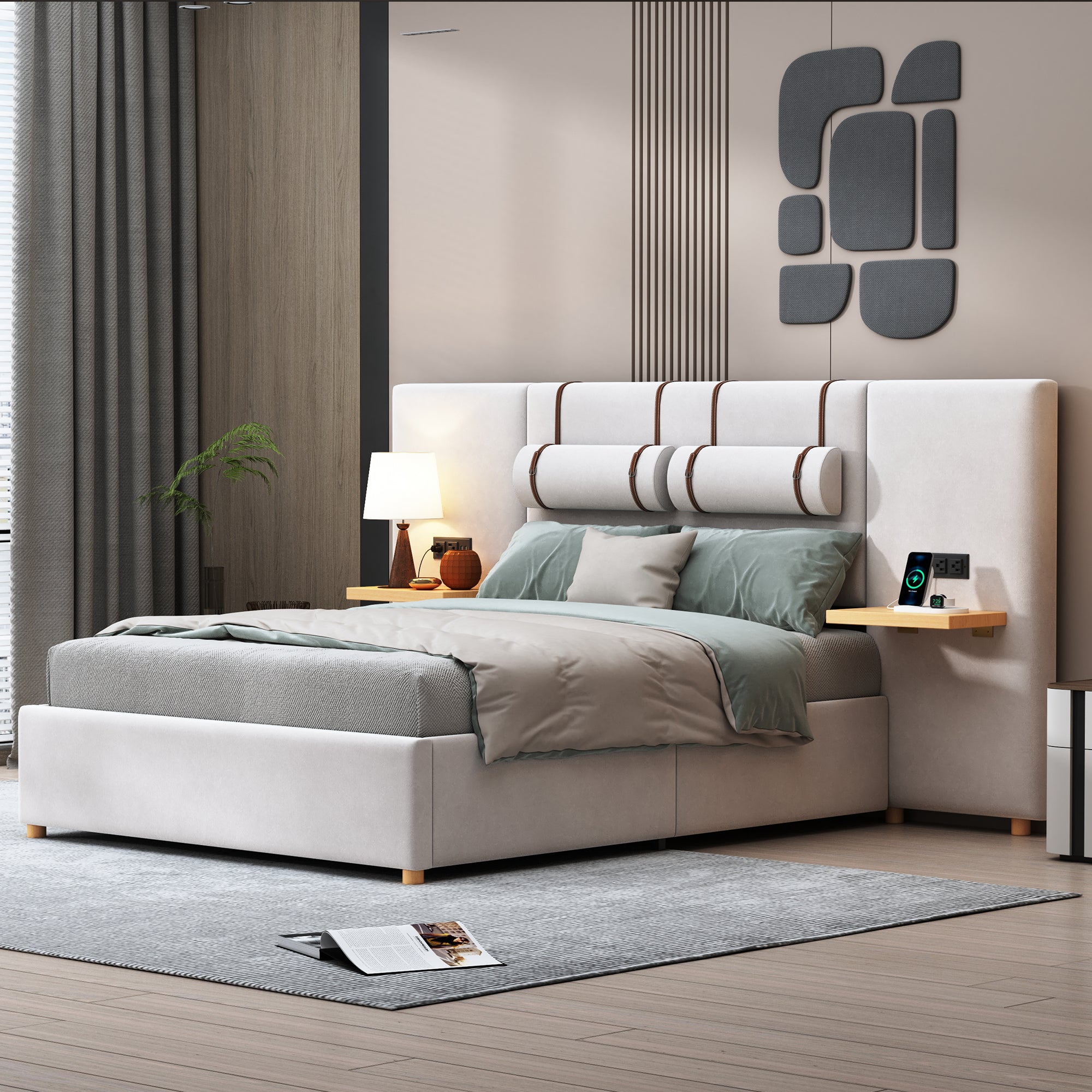 Full Size Upholstered Platform Bed, Two Outlets and USB Charging Ports on Both Sides, Two Bedside Pillows, Storage Shelves,Velvet,Beige