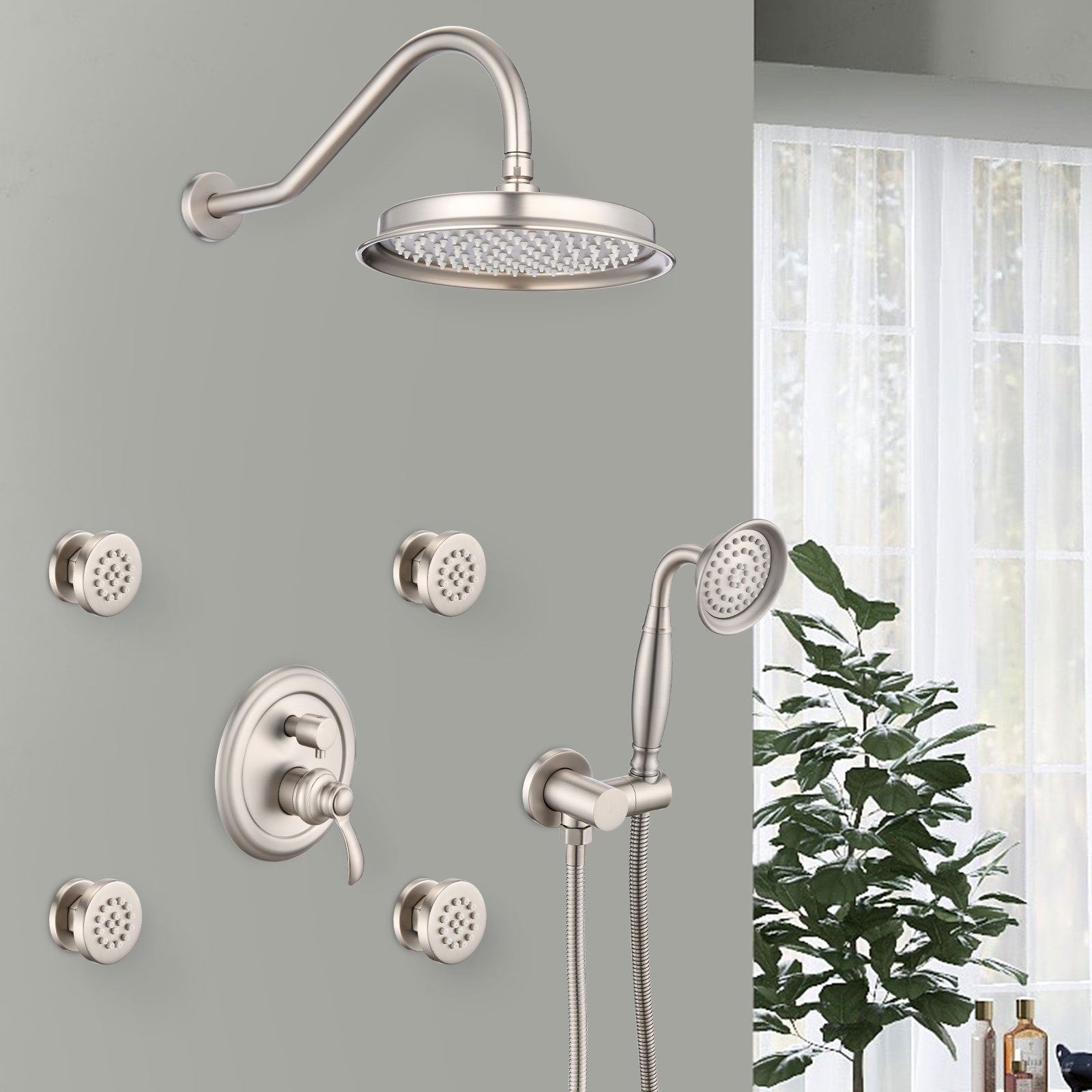 Single-Handle 4-Spray Patterns Bathroom Rain Shower Faucet with Body Jet Handshower in Brushed Nickel (Valve Included)