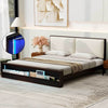 King Size Platform Bed Frame with Upholstery Headboard and  Bookshelf in Footboard and LED Light Strips, Espresso