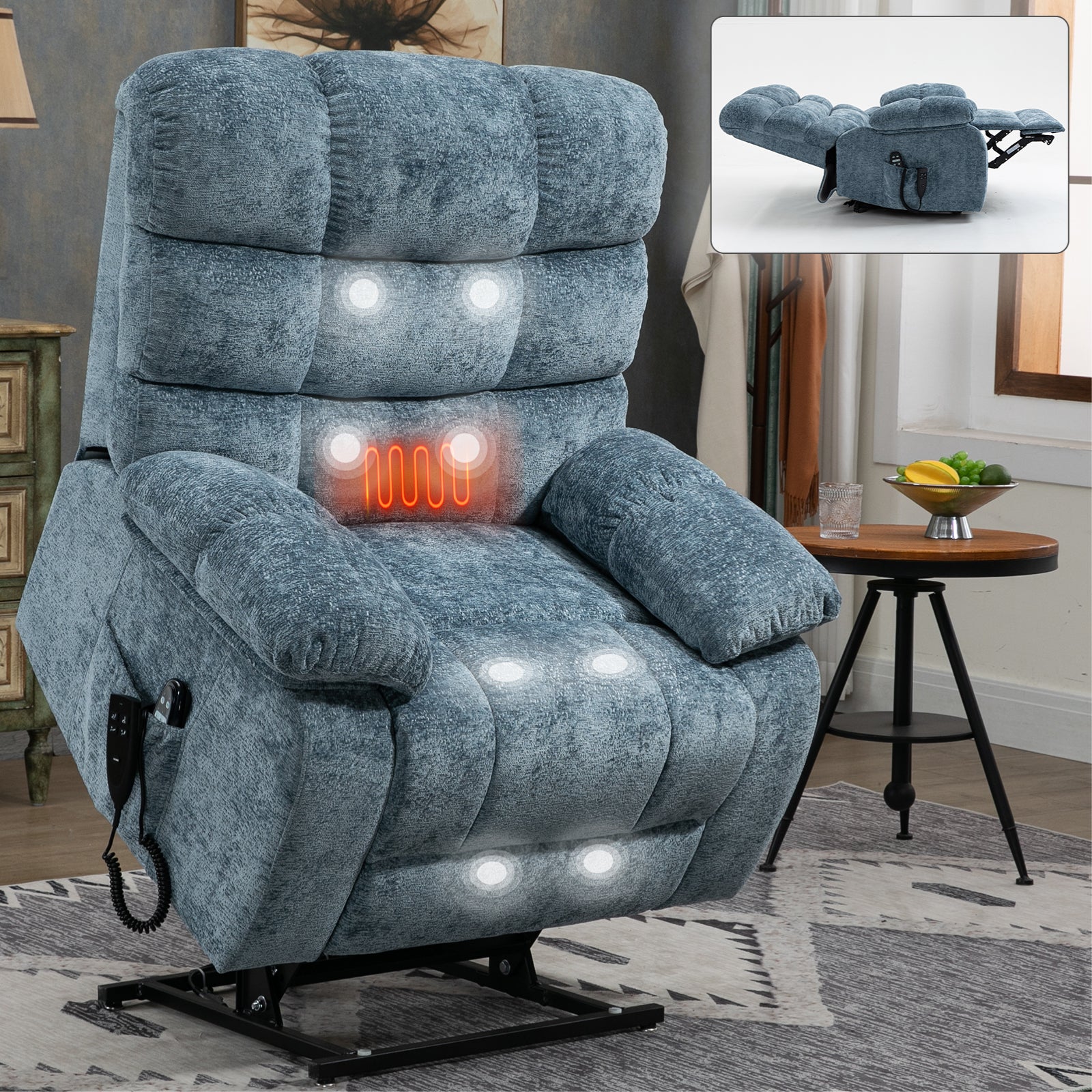 Lift Recliner Chair Heat Massage Dual Motor Infinite Position Up to 350 LBS Large Electric Power Lift Recliners with Power-Remote, Medium-firm and Heavy duty, Blue