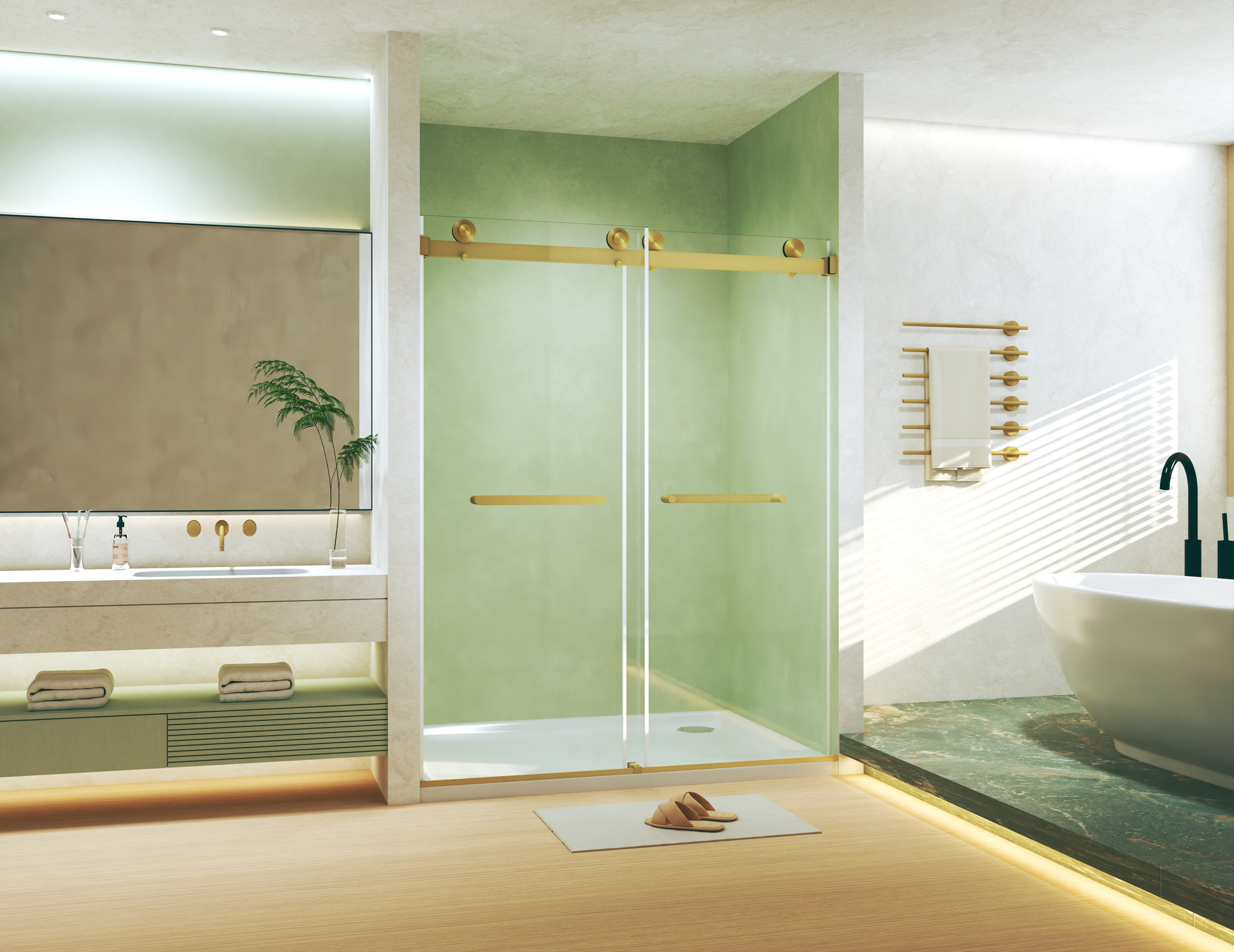 56-60 x 74 in Frameless Double Sliding Square-Tube Shower Door - 56-60 x 74 in / Brushed Gold / Square Tube view 11