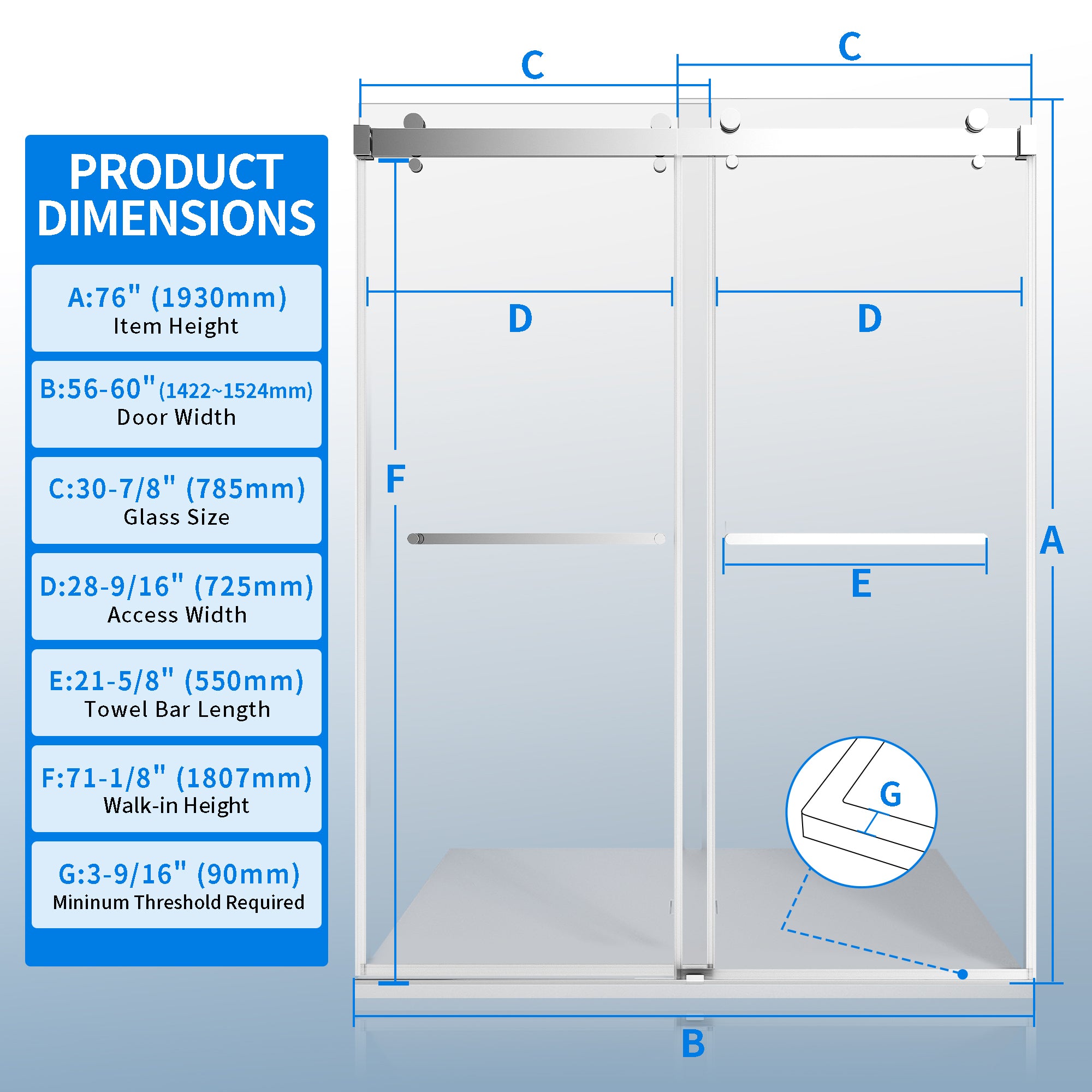 56" - 60" W × 76" H Double Sliding Framless Soft-Close Shower Door With 3/8 inches (10mm) Tempered Safety Glass, Chrome Finish