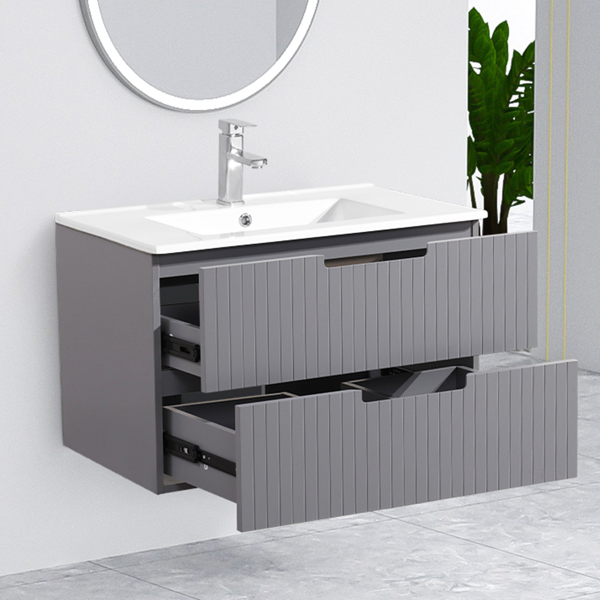 30 Inch Floating Bathroom Vanity with Ceramic Sink Combo Set, Modern Bath Storage Cabinet Vanity with Drawers Wall Mounted Vanity for Bathroom, Gray