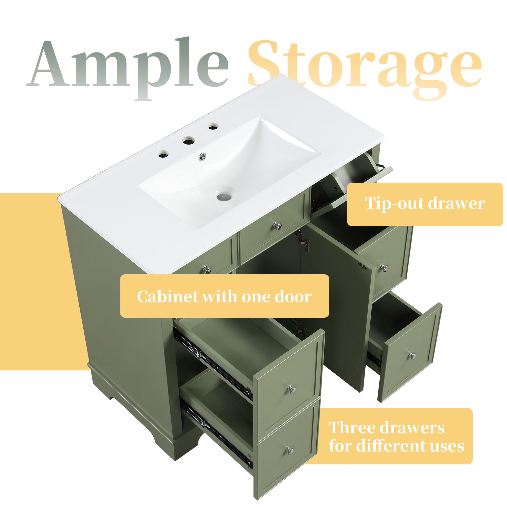 36" Bathroom Vanity with Sink, One Cabinet with Three drawers and One Flip Drawer, Solid Wood and MDF Board, Green