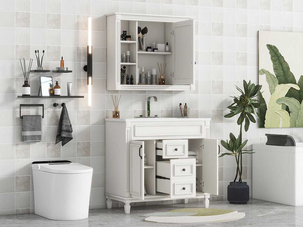 36'' Bathroom Vanity with Top Sink, White Mirror Cabinet, Modern Bathroom Storage Cabinet with 2 Soft Closing Doors and 2 Drawers, Single Sink Bathroom Vanity