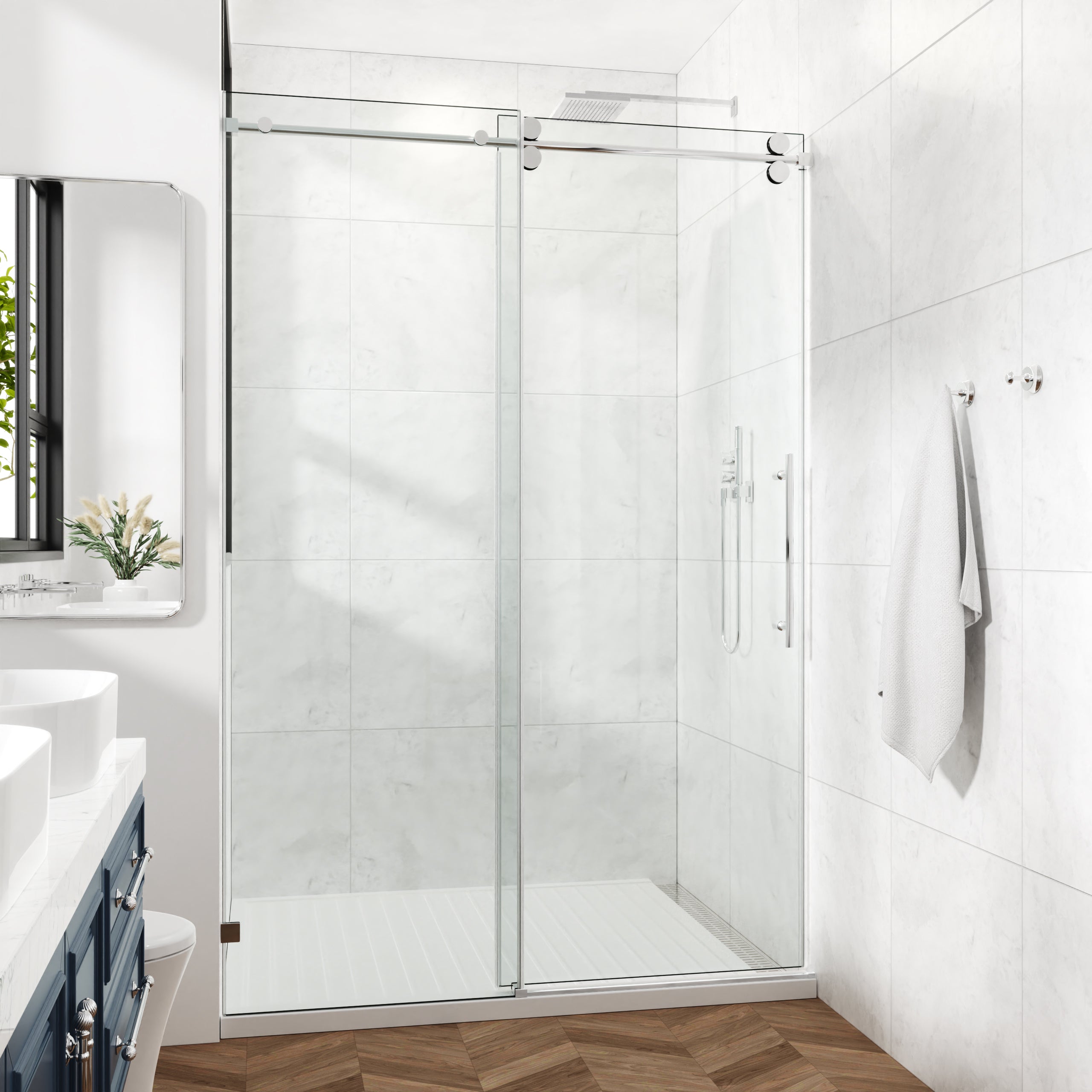 78 x 76 in Fixed and Sliding Round-Tube Shower Door - 78 x 76 in / Chrome / Round Tube view 4