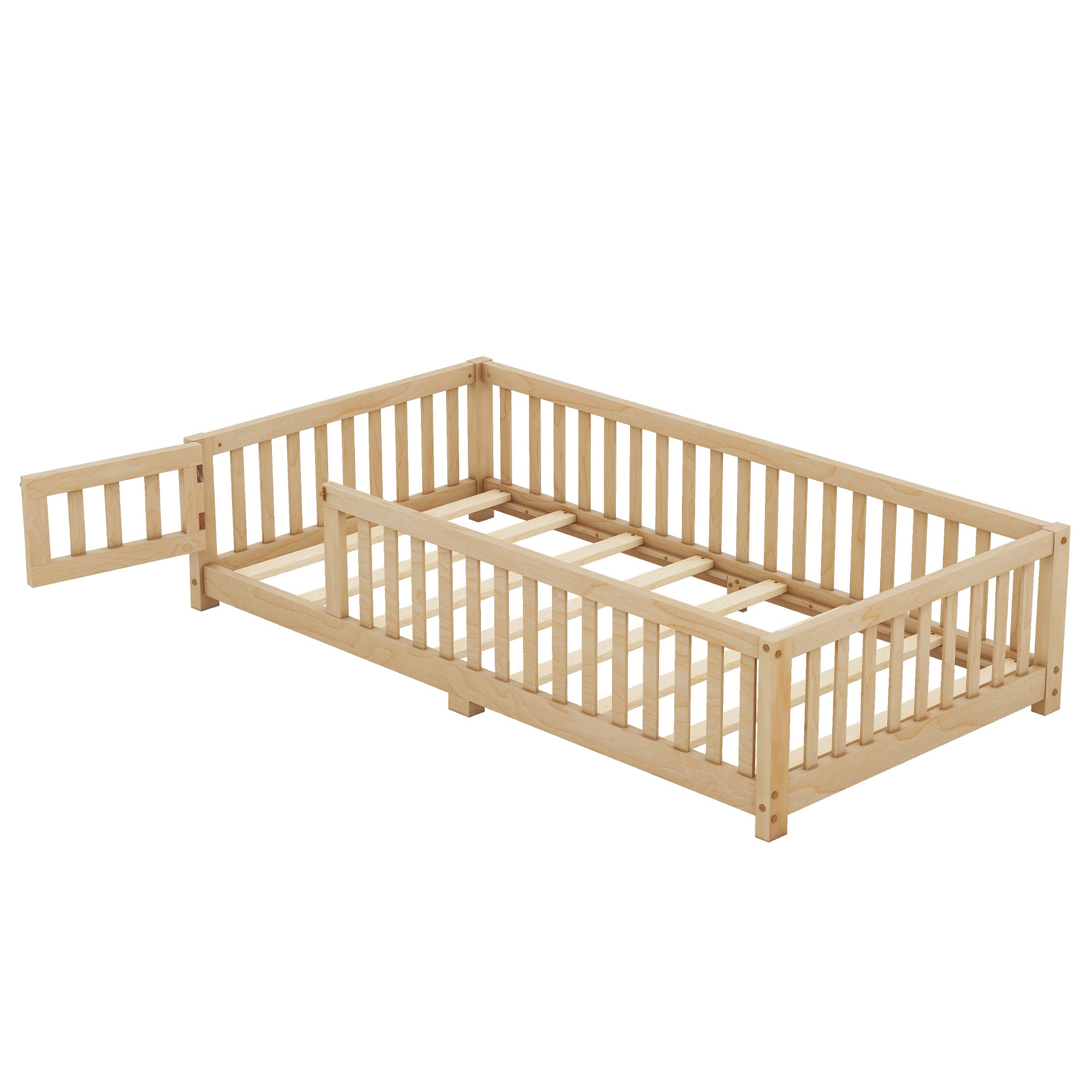 Twin Size Bed Floor Bed with Safety Guardrails and Door for Kids, Natural(Old SKU: W158090686)