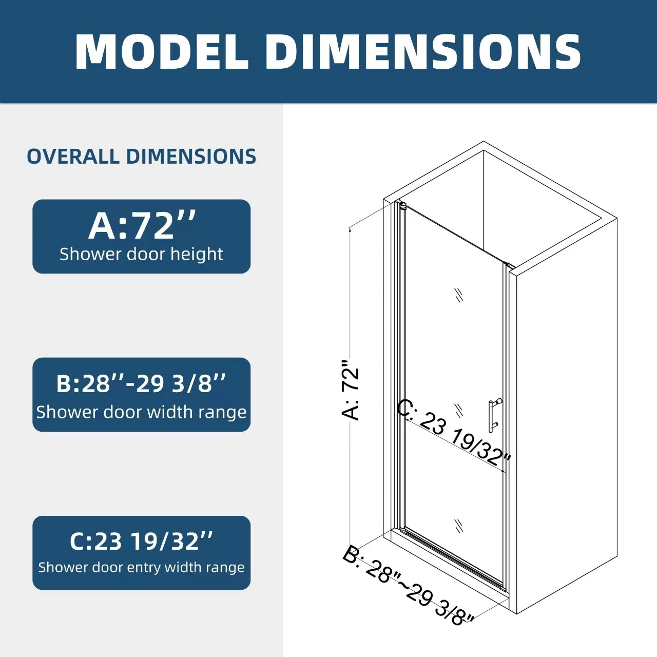 Polished Chrome Pivot Shower Door: 28"W x 72"H, 1/4" Tempered Glass