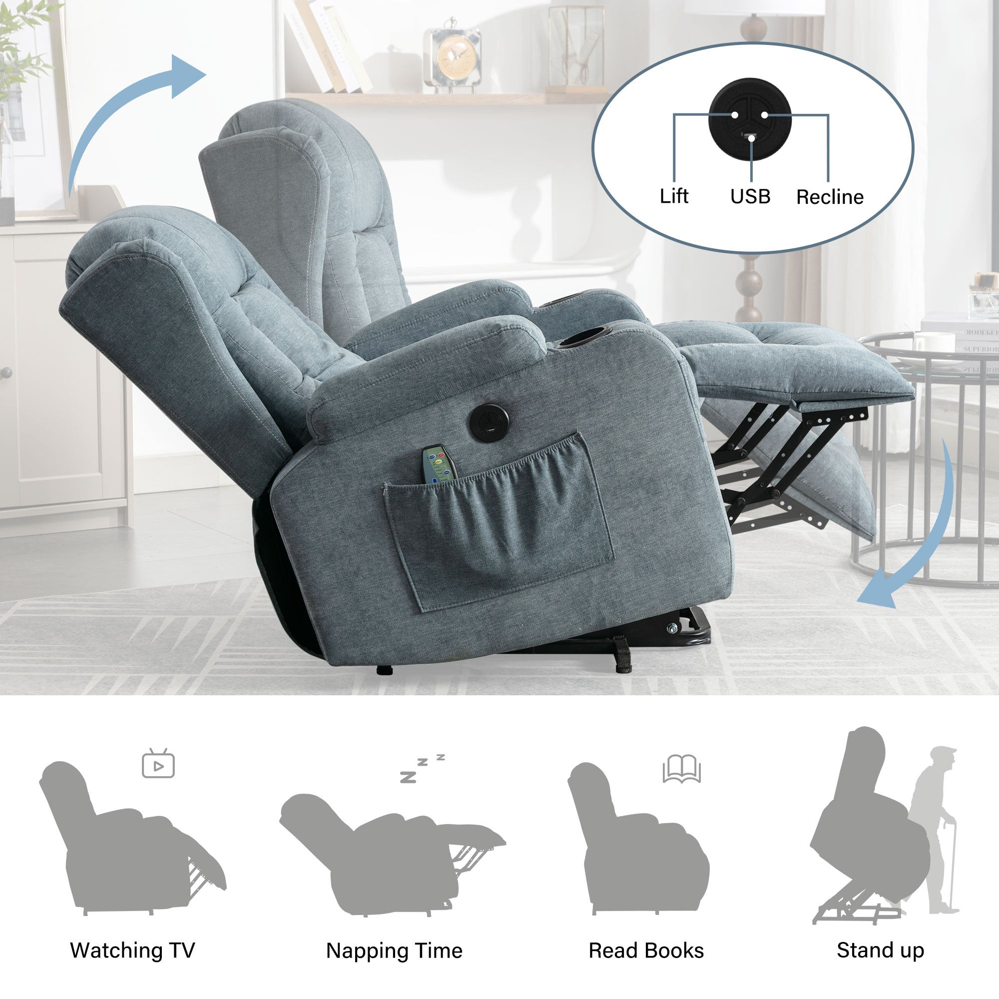 Power Lift Recliner Chair Recliners for Elderly with Heat and Massage Recliner Chair for Living Room with Infinite Position and Side Pocket,USB Charge Port(BLUE)