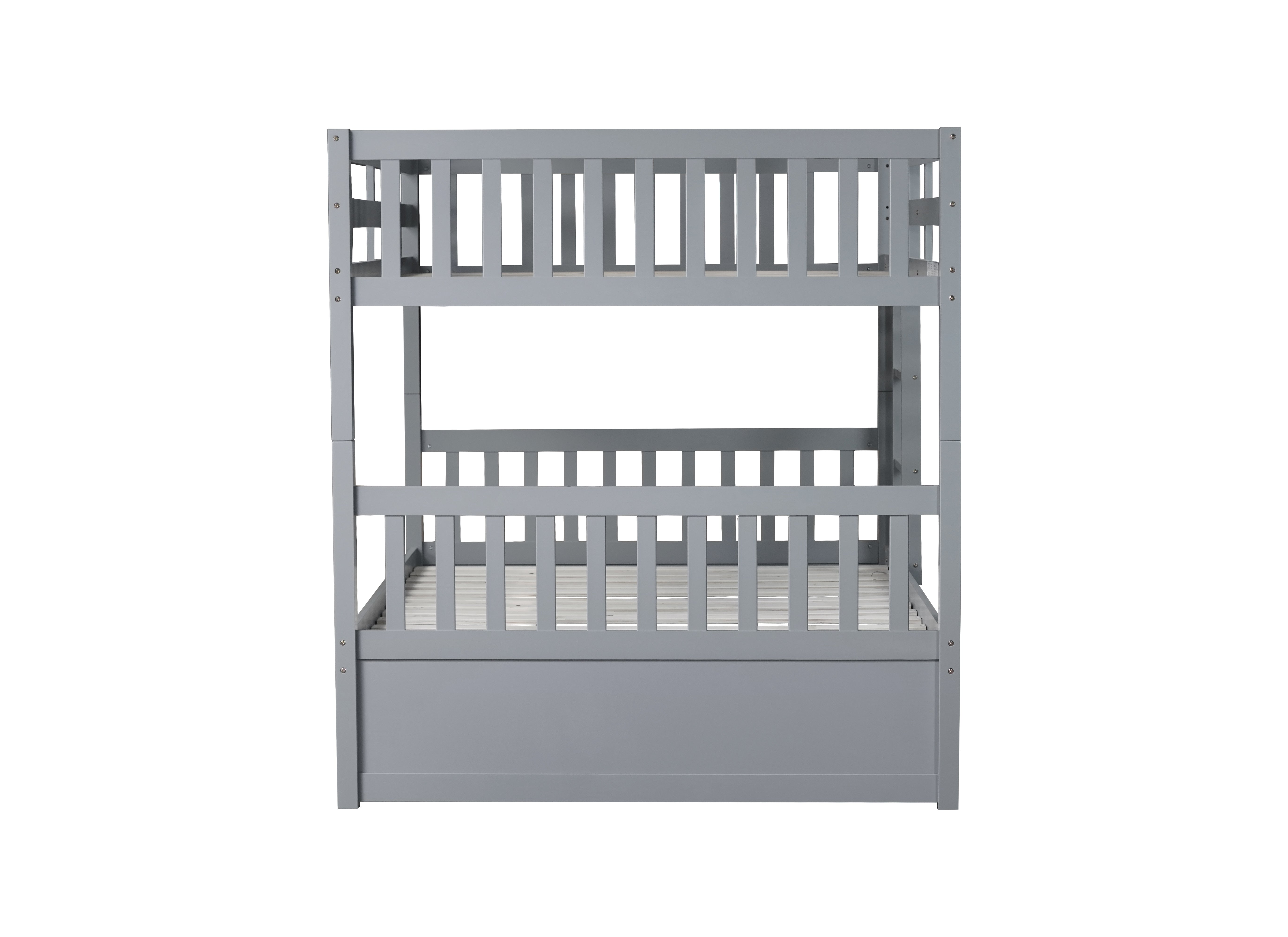 Grey rubber wood bunk bed with twin trundle pulled out, side view