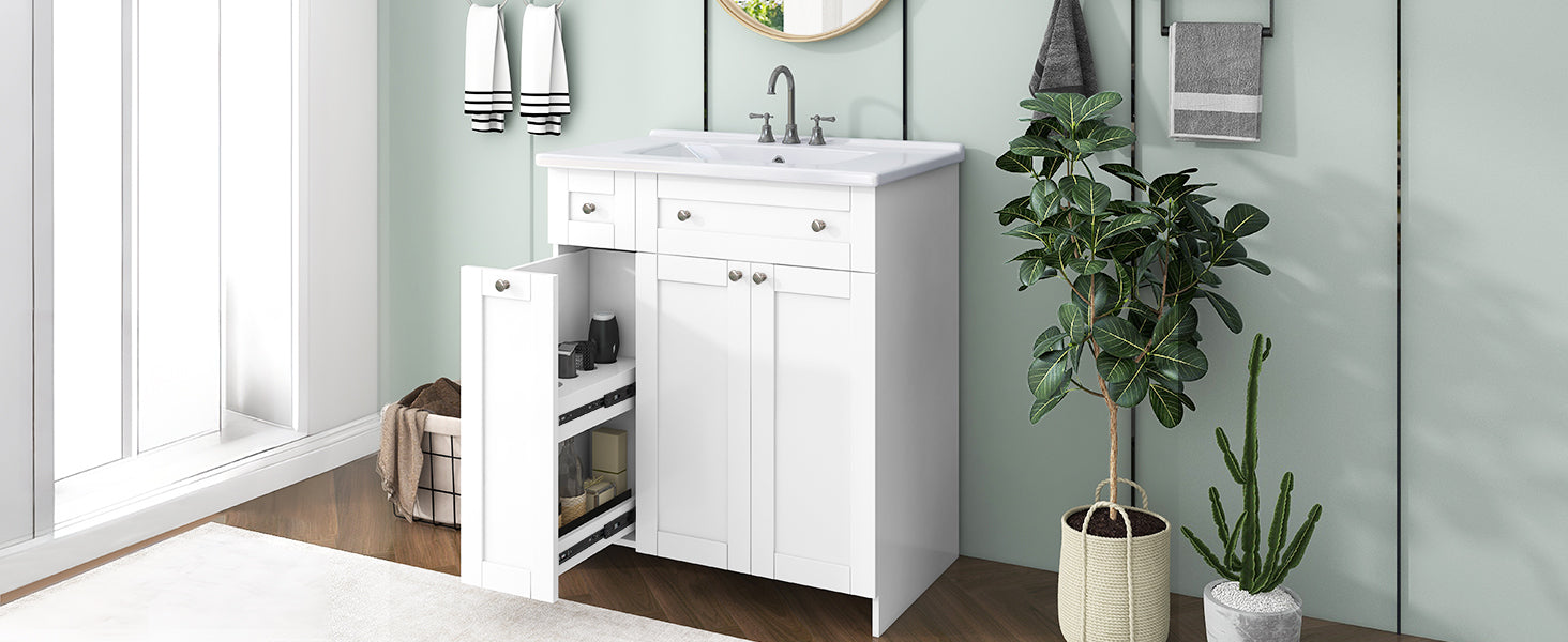 30-Inch White Bathroom Vanity with Ceramic Sink Combo, Abundant Storage Cabinet - 2 Soft close Doors and Double-tier Deep Drawer