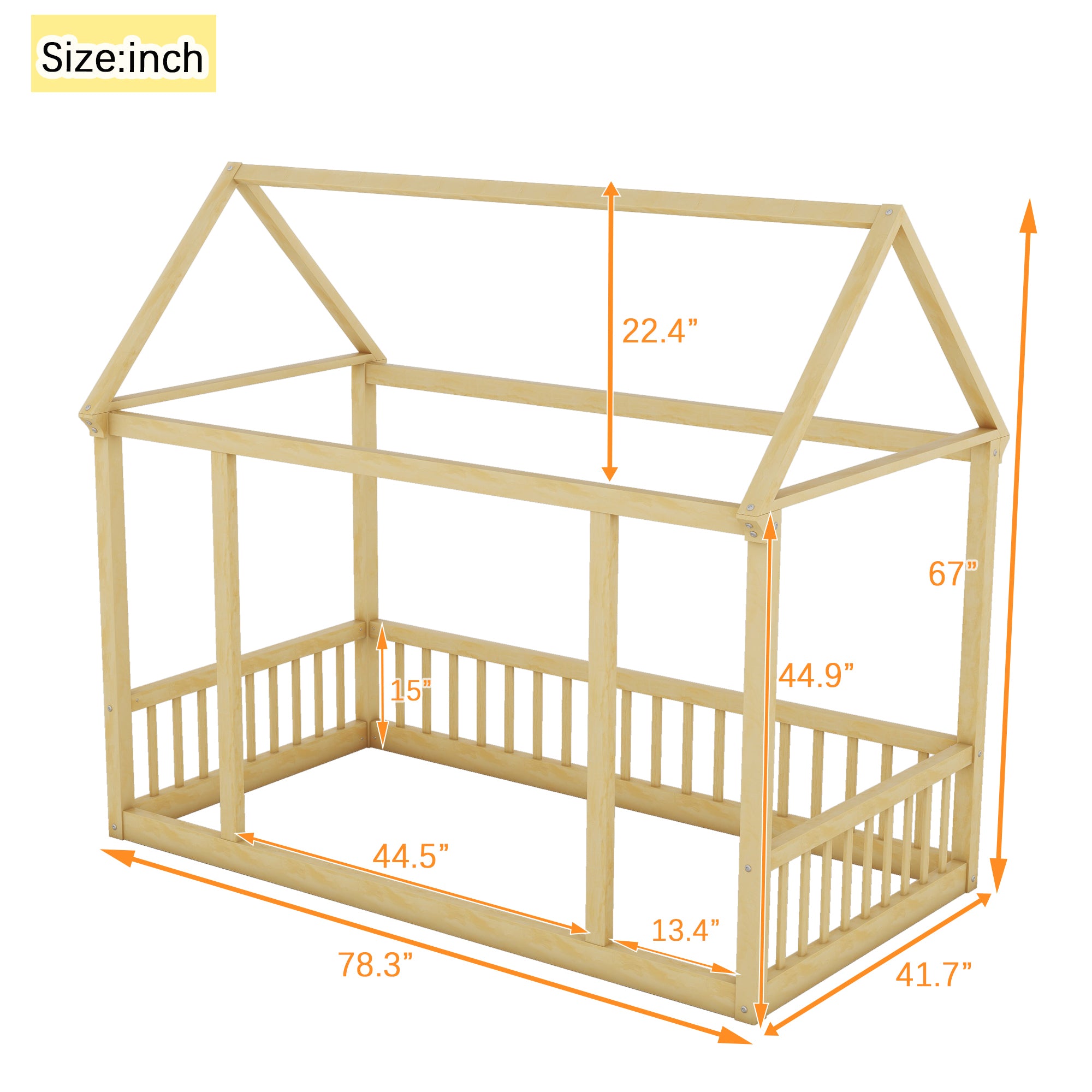 Twin Size Floor Wooden Bed with House Roof Frame and Safety Guardrails,Natural