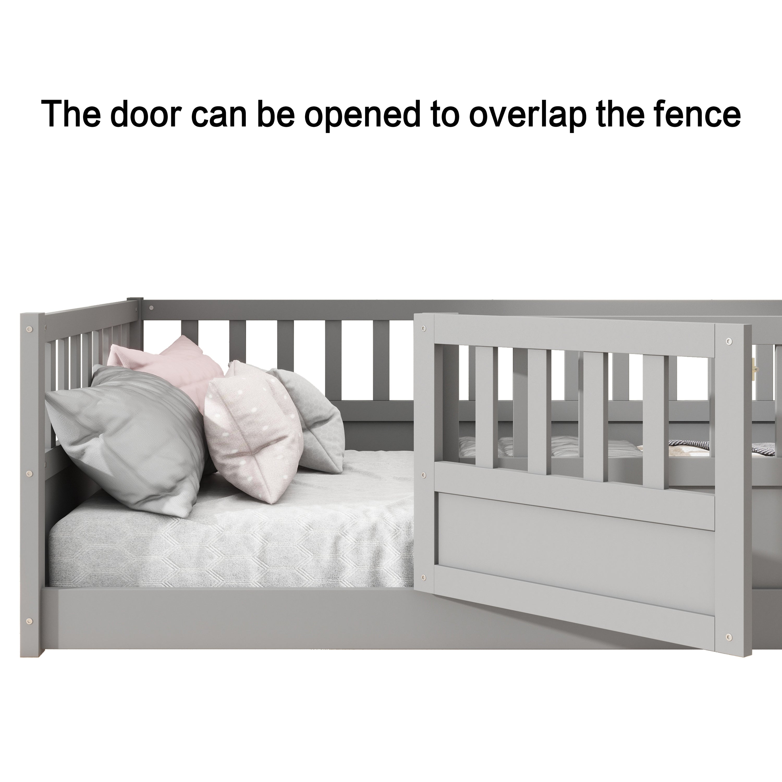 Full size  Floor bed, integral construction with super high security barrier, door, children's floor bed frame, Montessori wooden children's floor bed,  Grey