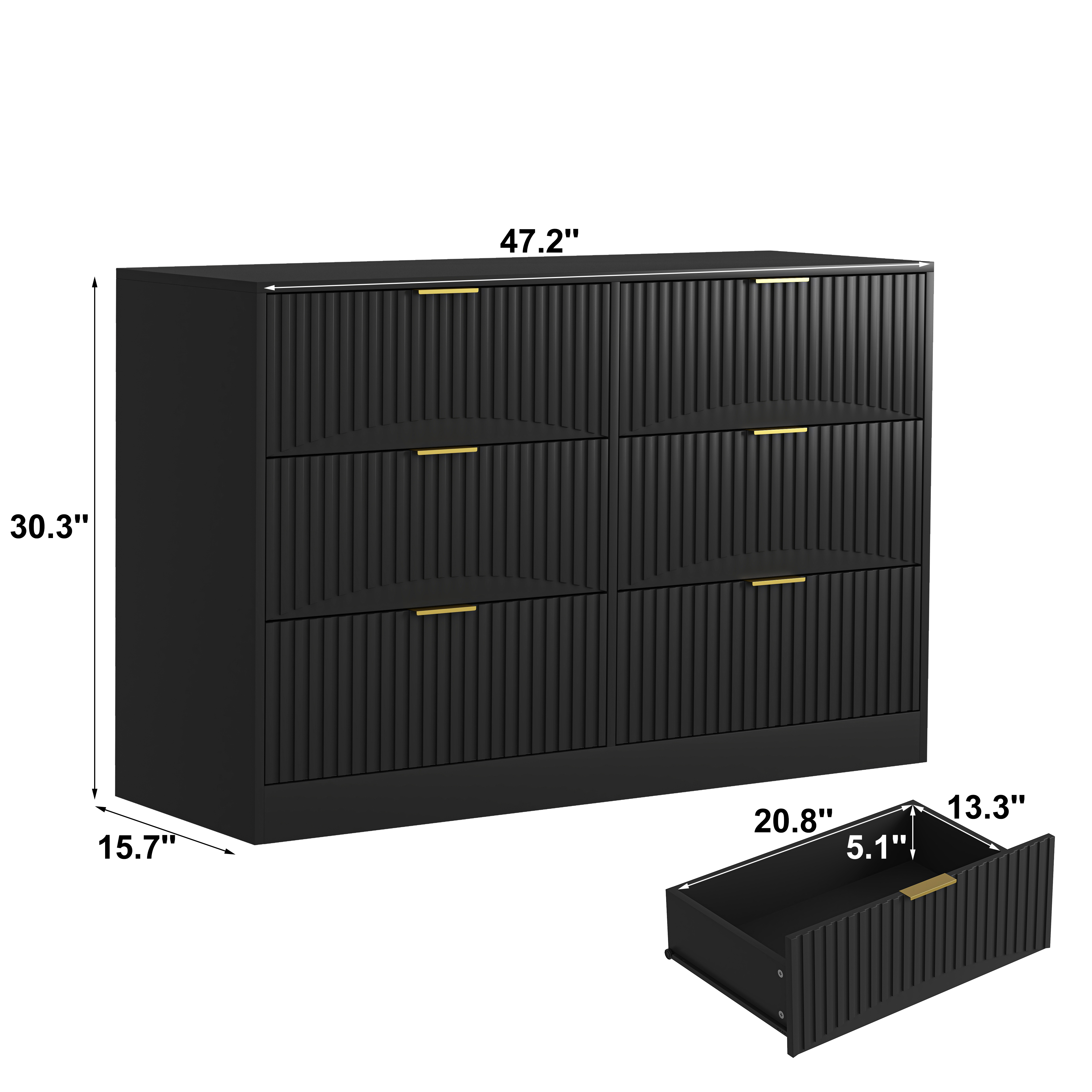 Black modern dresser, side profile view