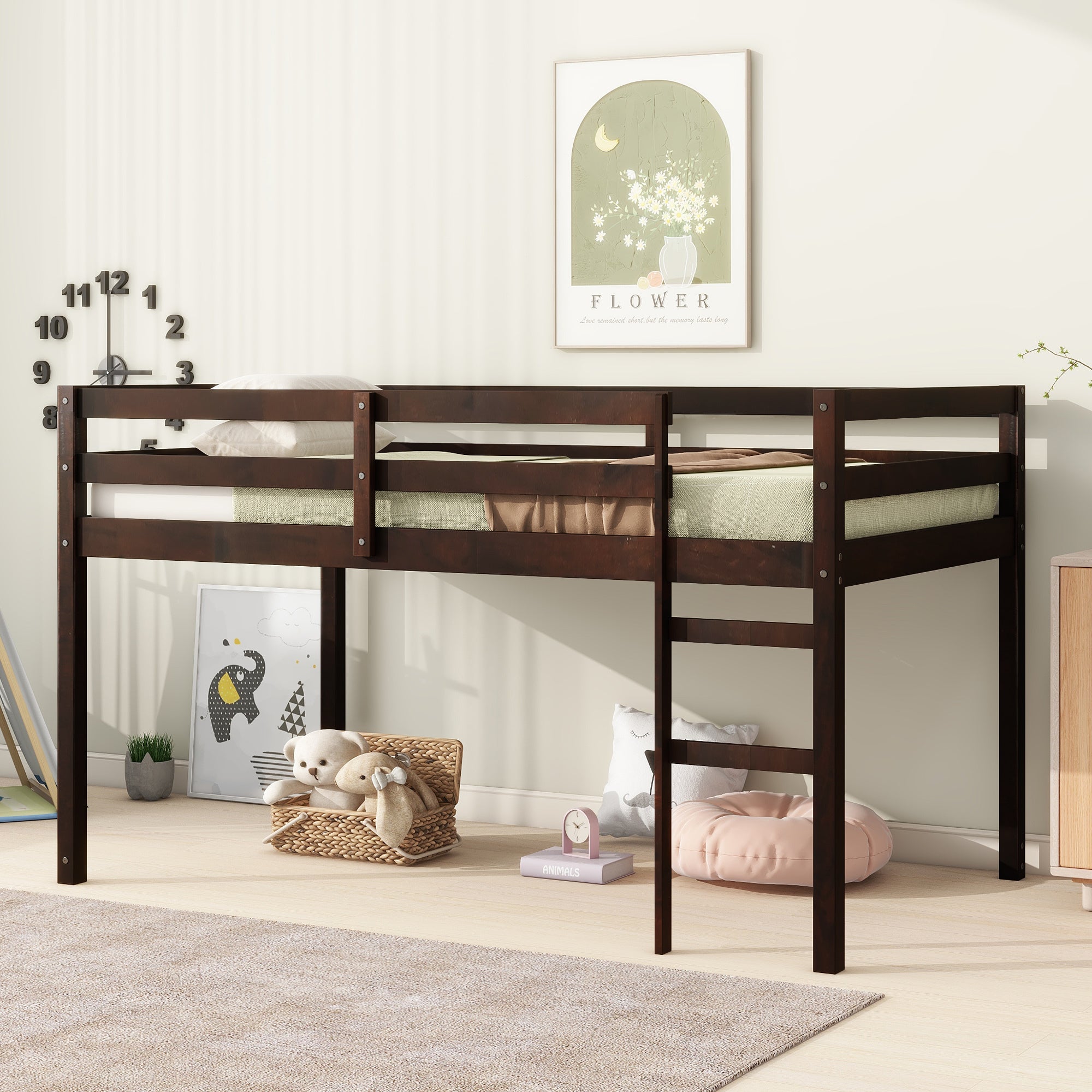 Solid Wooden, Rubber Wooden Twin Loft Bed with Ladder, Bed Platform of Strengthened Slats , Espresso