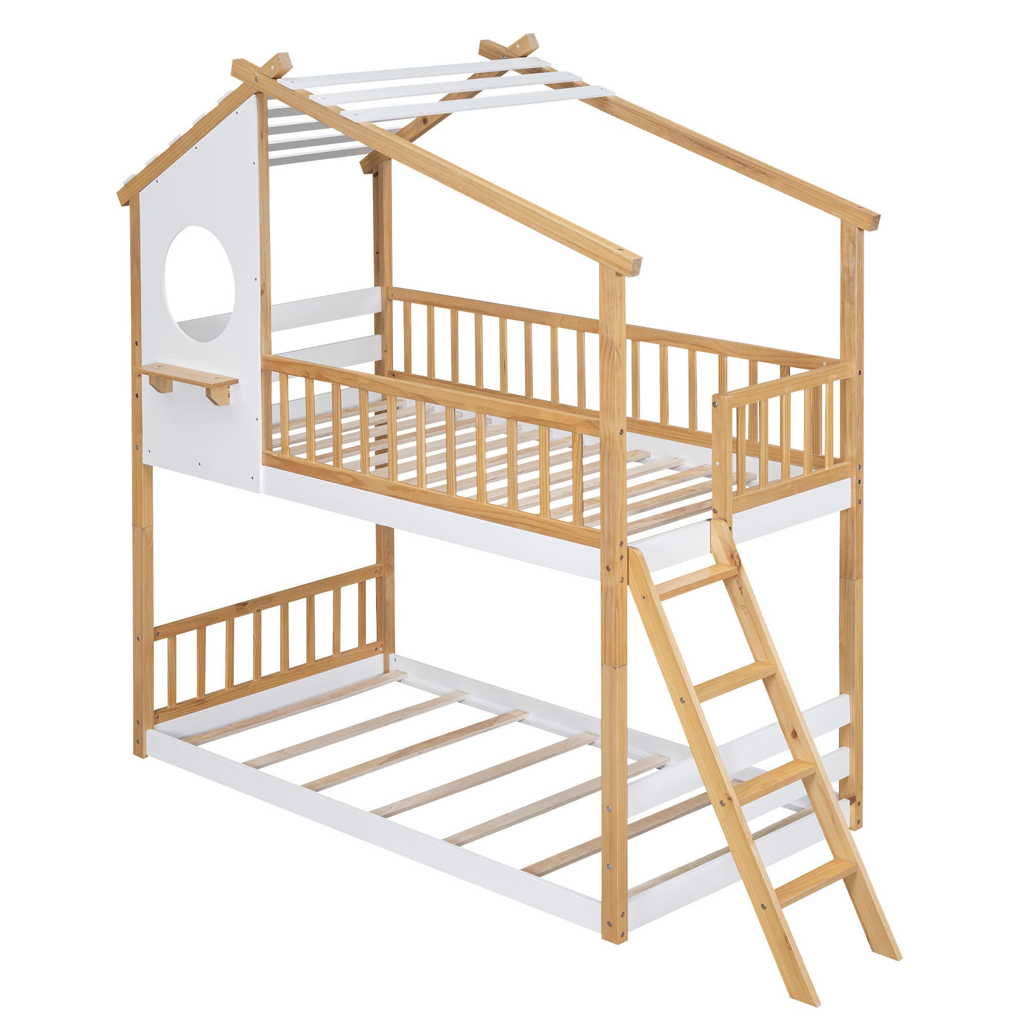 Twin Over Twin Bunk Bed Wood Bed with Roof, Window, Ladder,Natural(OLD SKU :LT100008AAD)