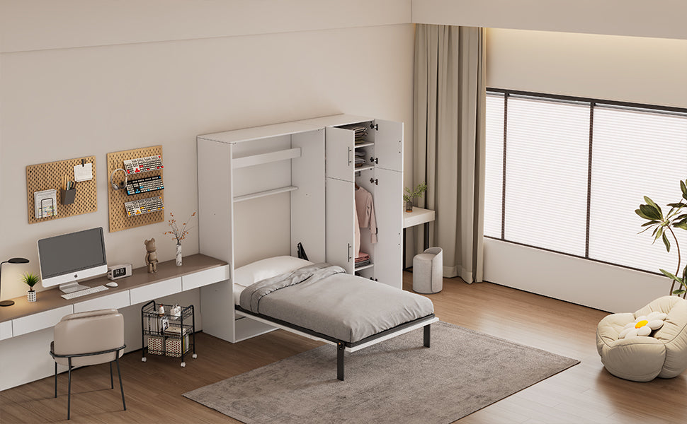 Twin Size Murphy Bed with Lockers and Wardrobes, White