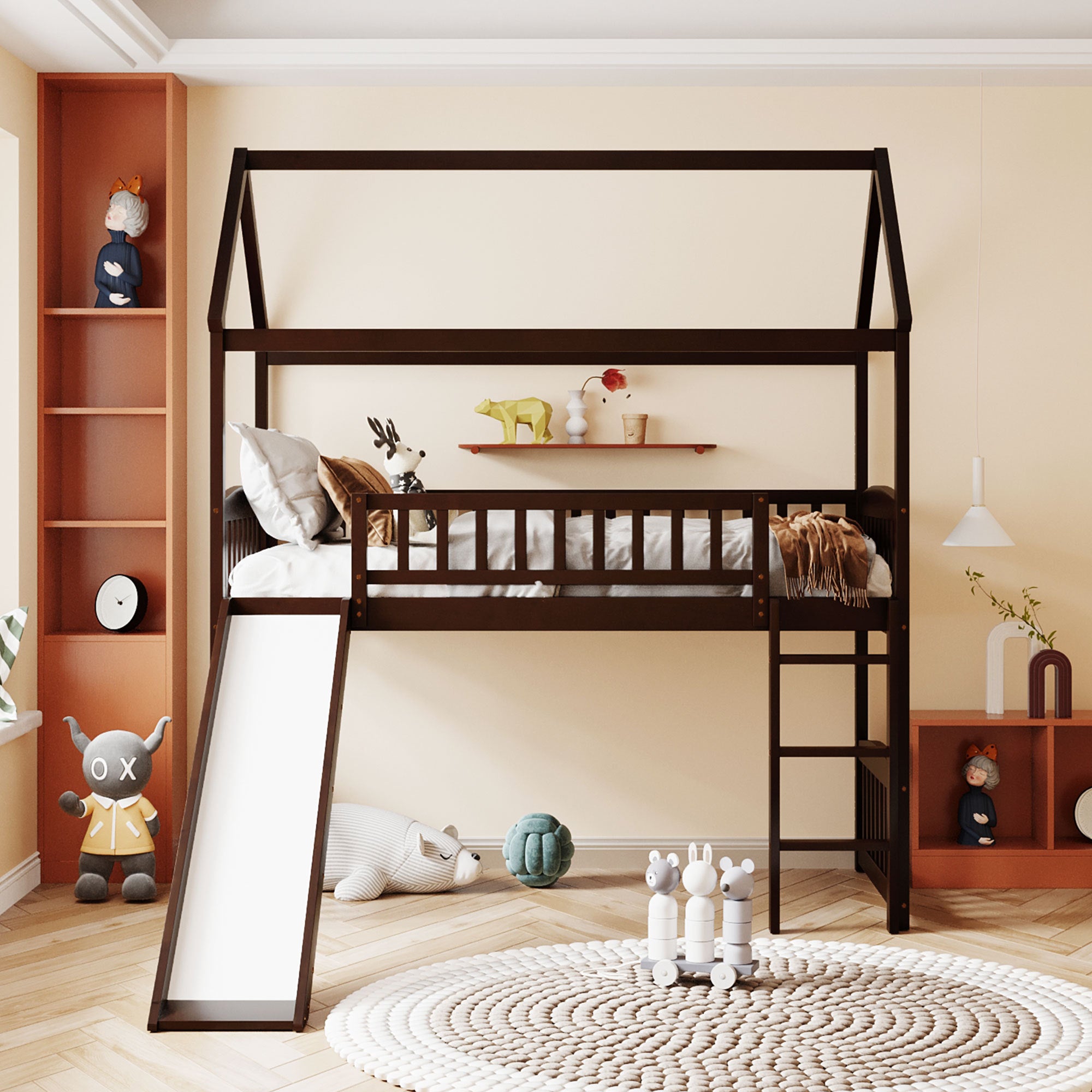 Twin Loft Bed with Slide, House Bed with Slide,Espresso(OLD SKU :LT000212AAP)