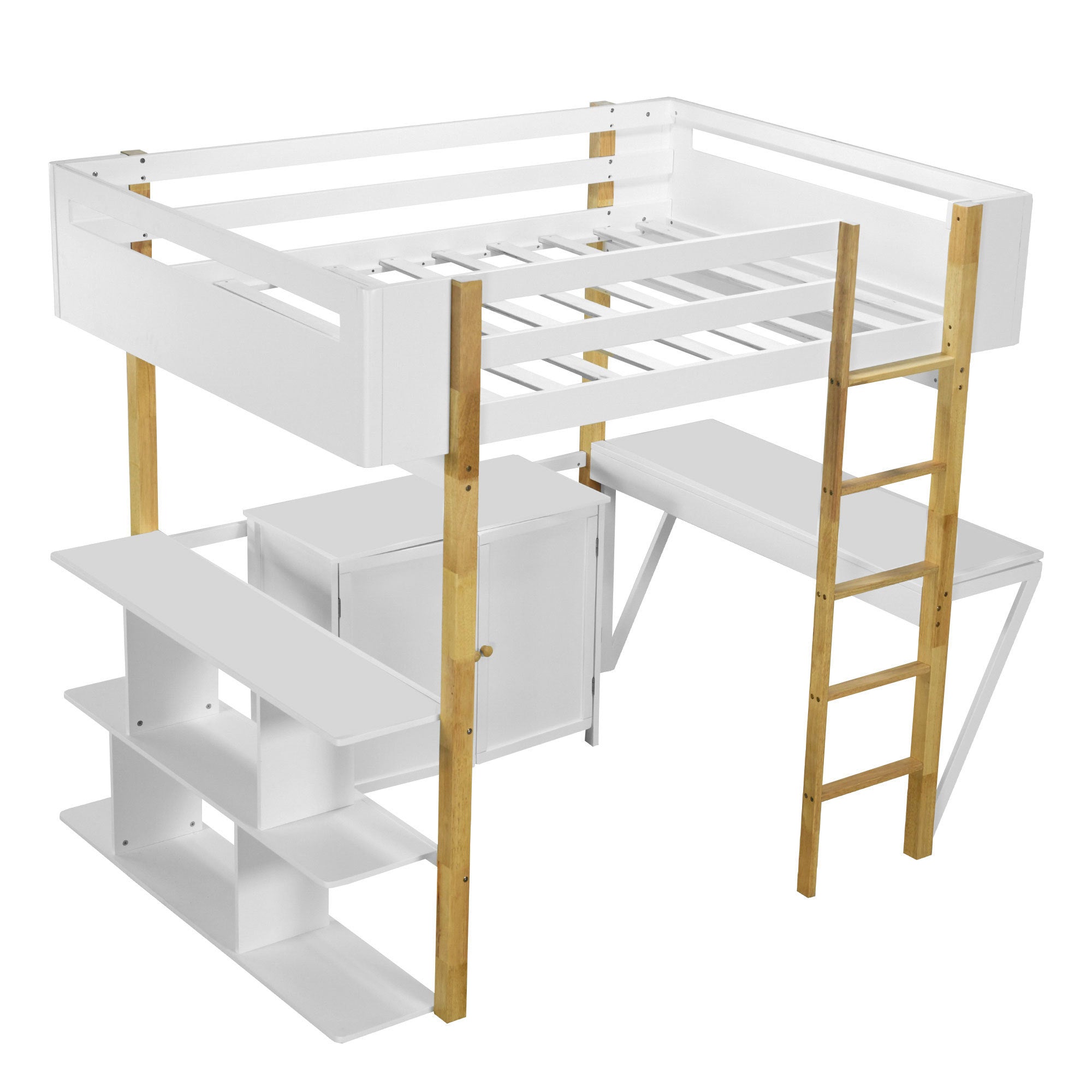 Full Size Wood Loft Bed With Built-in Storage Cabinet and Cubes, Foldable desk, White