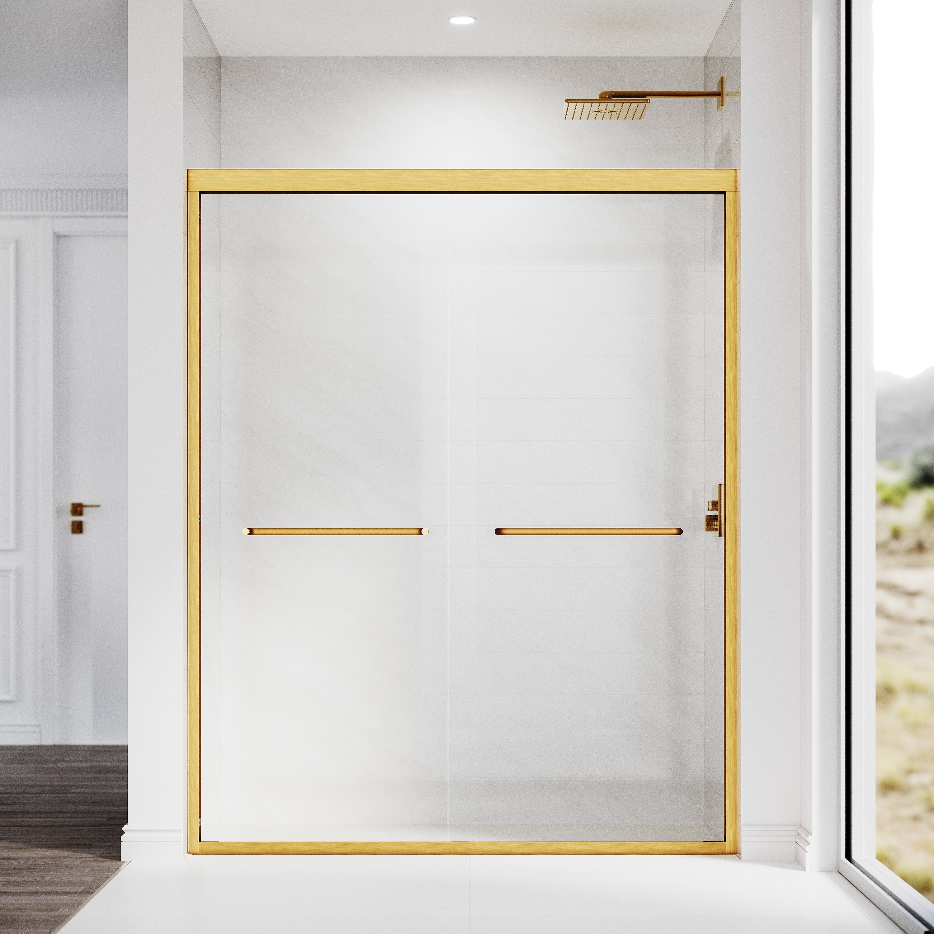 Sliding Shower Glass Door 56-60"W x 72"H, Adjustable Semi Frameless Shower Door, Certified Thick Clear Clear Tempered Glass, 304 Stainless Steel Handles,Brushed Gold