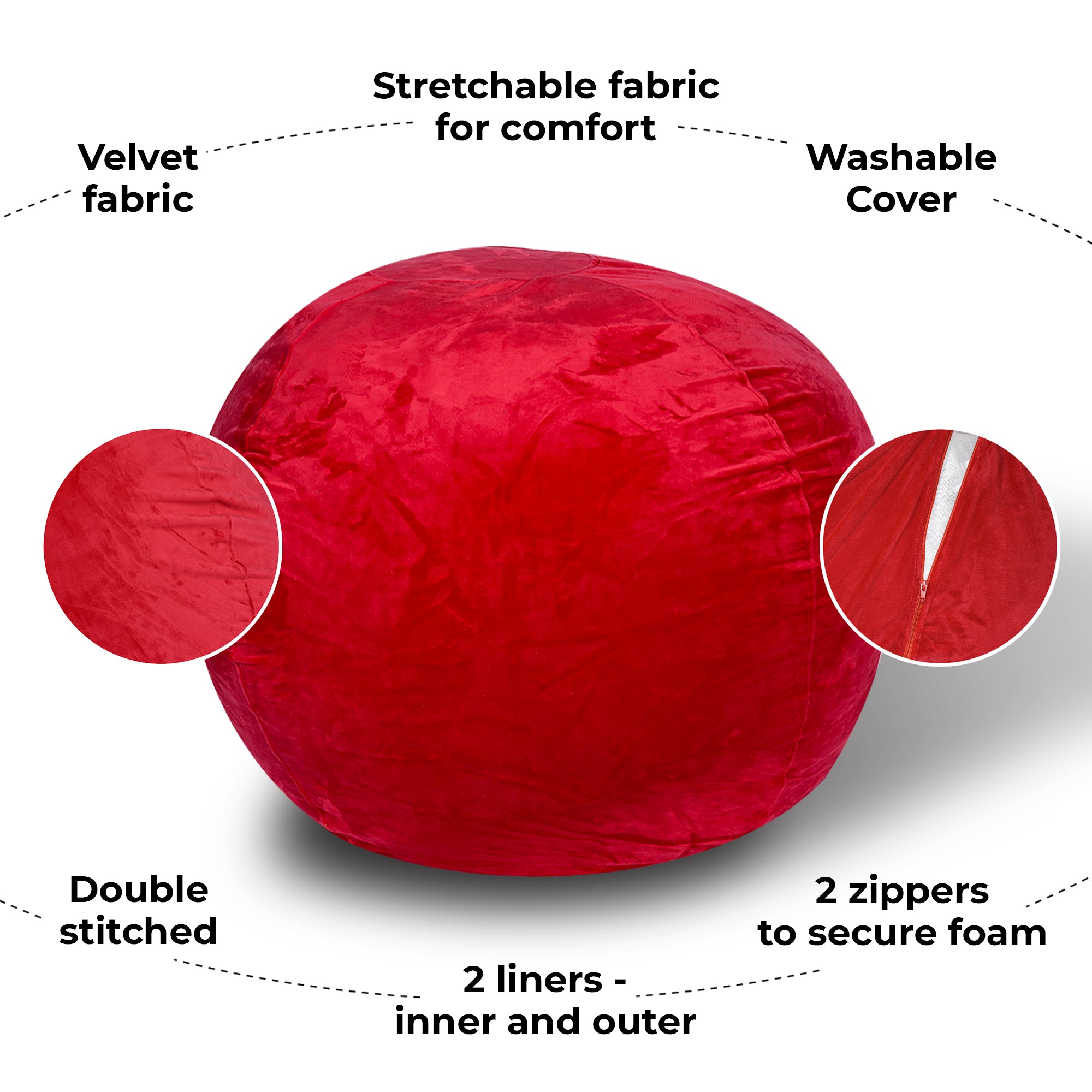 Minky Velvet Bean Bag Chair, Red-4ft Plush Floor Chair for Kids and Adults w/ Washable Cover, Lounge Chair with Stretchable Fabric, Comfy Bedroom Chair, Filled with Shredded and Memory Foam.